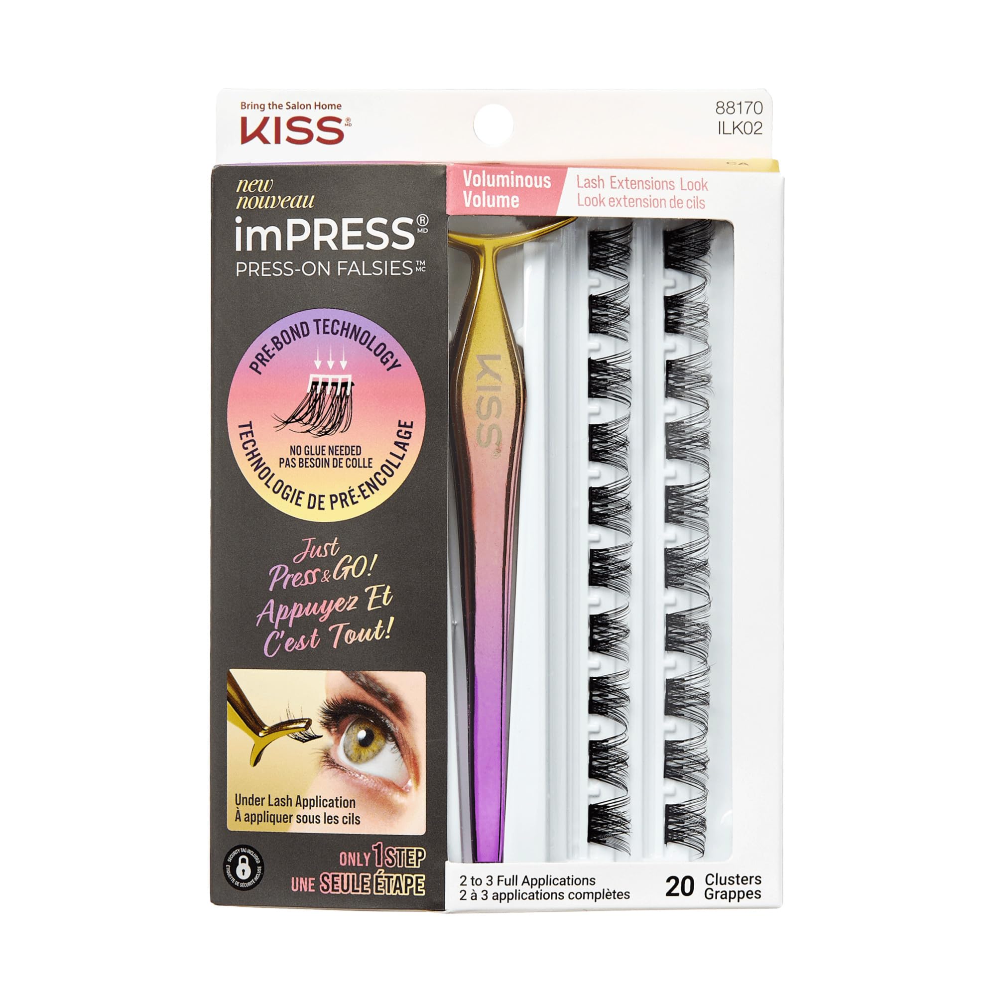 Kiss imPRESS Press-On Falsies Eyelash Clusters Kit, Voluminous, Black, Fuss Free, Invisible Band, Natural, 24 Hours, No Damage, No Sticky Residue, Gorgeous, Flawless, Quick & Easy | 20 Clusters
