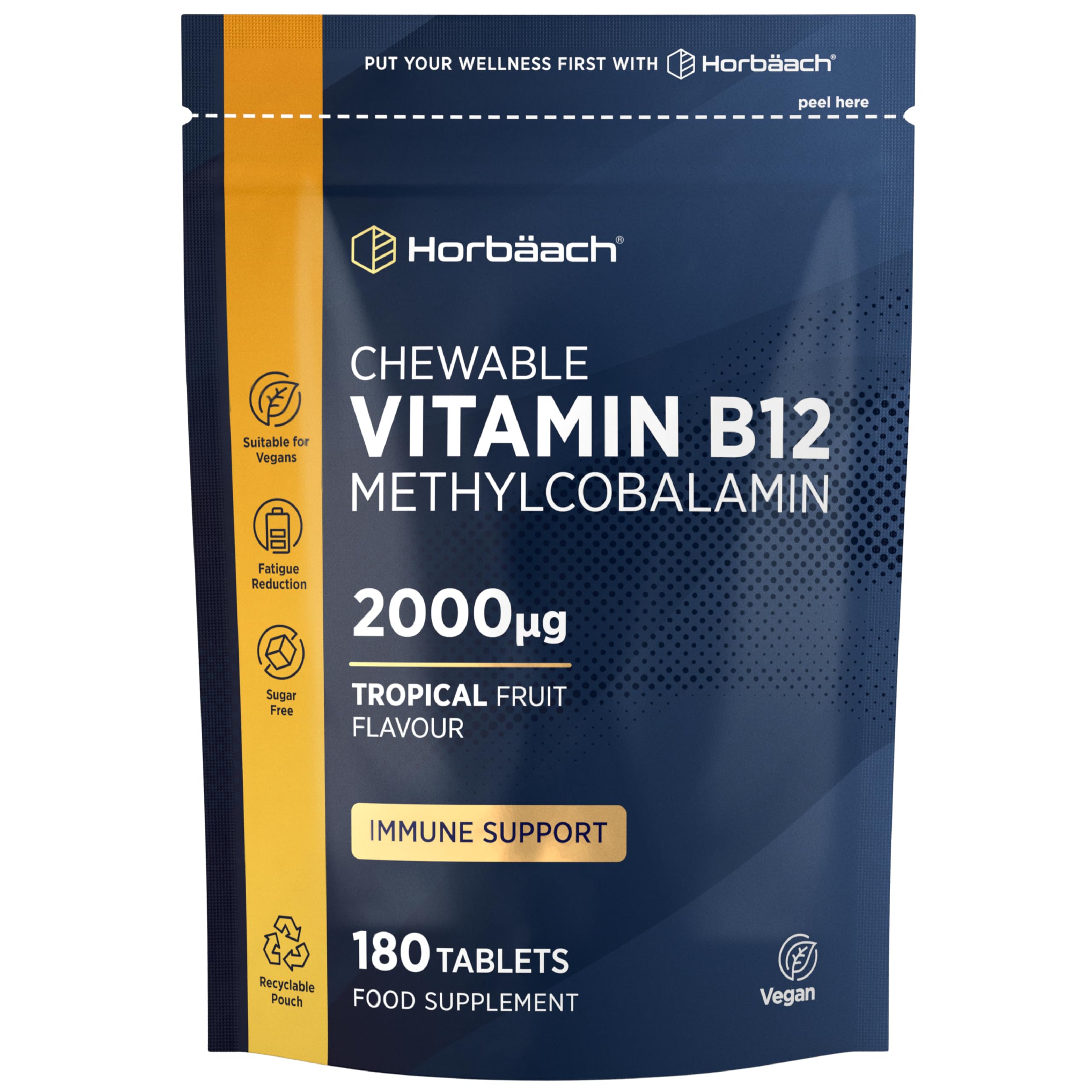 Vitamin B12 Chewable Tablets 2000ug | 180 Count | Tropical Fruit Flavour | Sugar Free | High Strength Vegan Methylcobalamin Supplement | by Horbaach