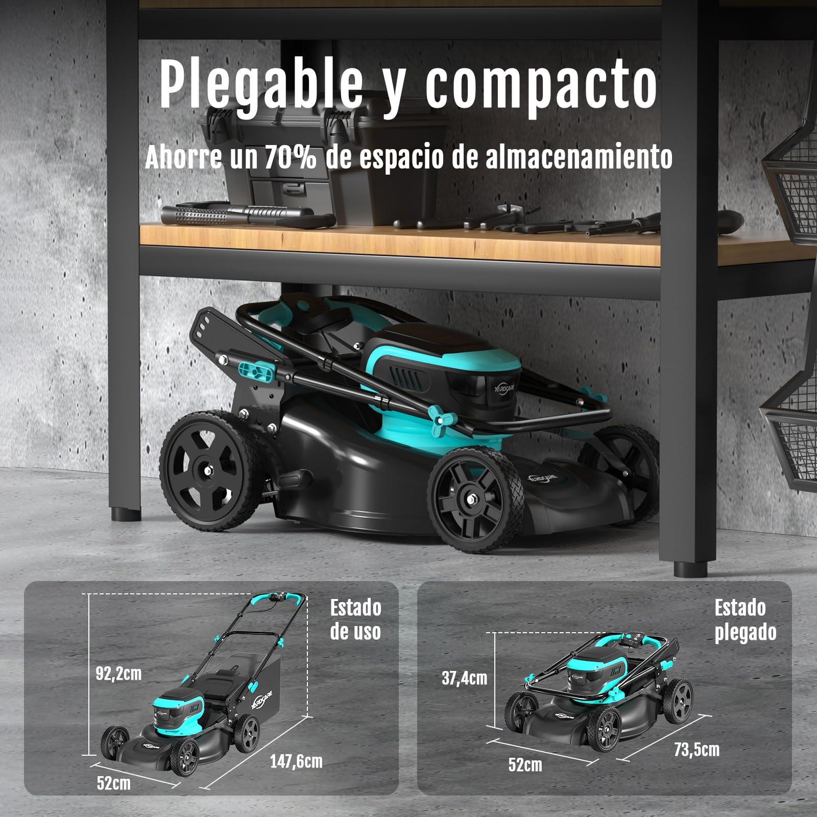 YARDCARE Cortacesped Electrico(Hasta 675㎡, 36V, Ancho de Corte 41cm)Cortacesped Bateria con Ajuste de Altura de 7Etapas, Kit de Mulching&Bolsa de Paja de 45L, Mango Ajustable, Pantalla LED, Cargadores