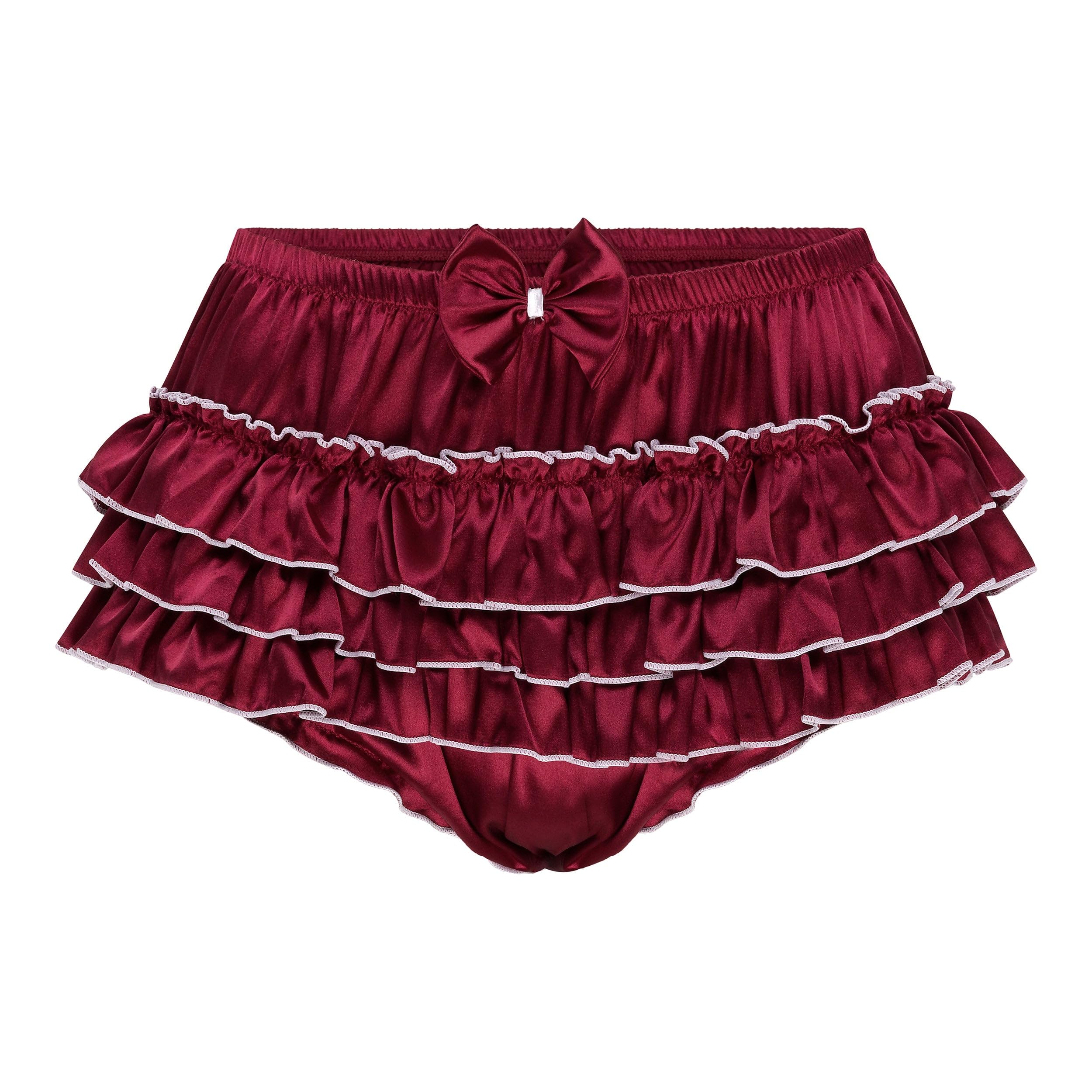 Satini Sissy Satin Ruffled Skirted Panties, Wine Red, XL