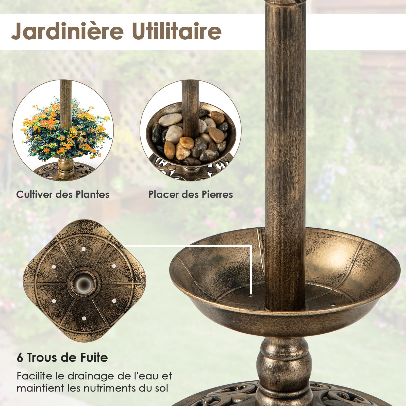 GYMAX Bain d'oiseaux, Abreuvoir sur Pied, Mangeoire avec 2 Lampes Solaire, Jardinière de Fleurs, Léger et Remplissable, Décoration pour Extérieur (Cuivre)