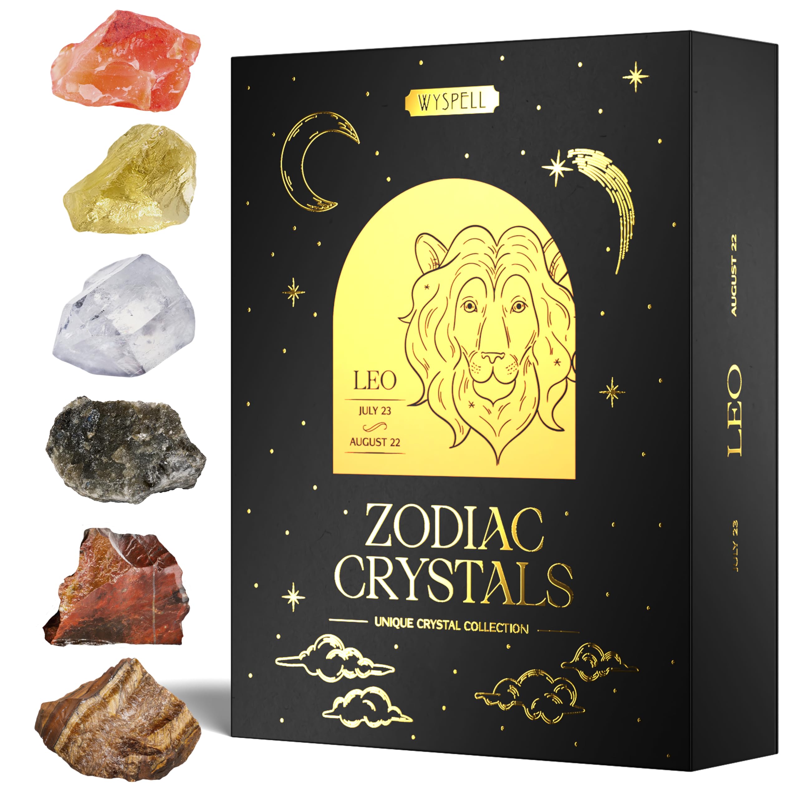 Wyspell Leo Crystal Set - 6 Raw Leo Crystals and Healing Stones - Leo Zodiac Gifts for Women - Leo Healing Gifts - Birthday Gifts for Women - Astrology Gifts for Women - Zodiac Crystal Set