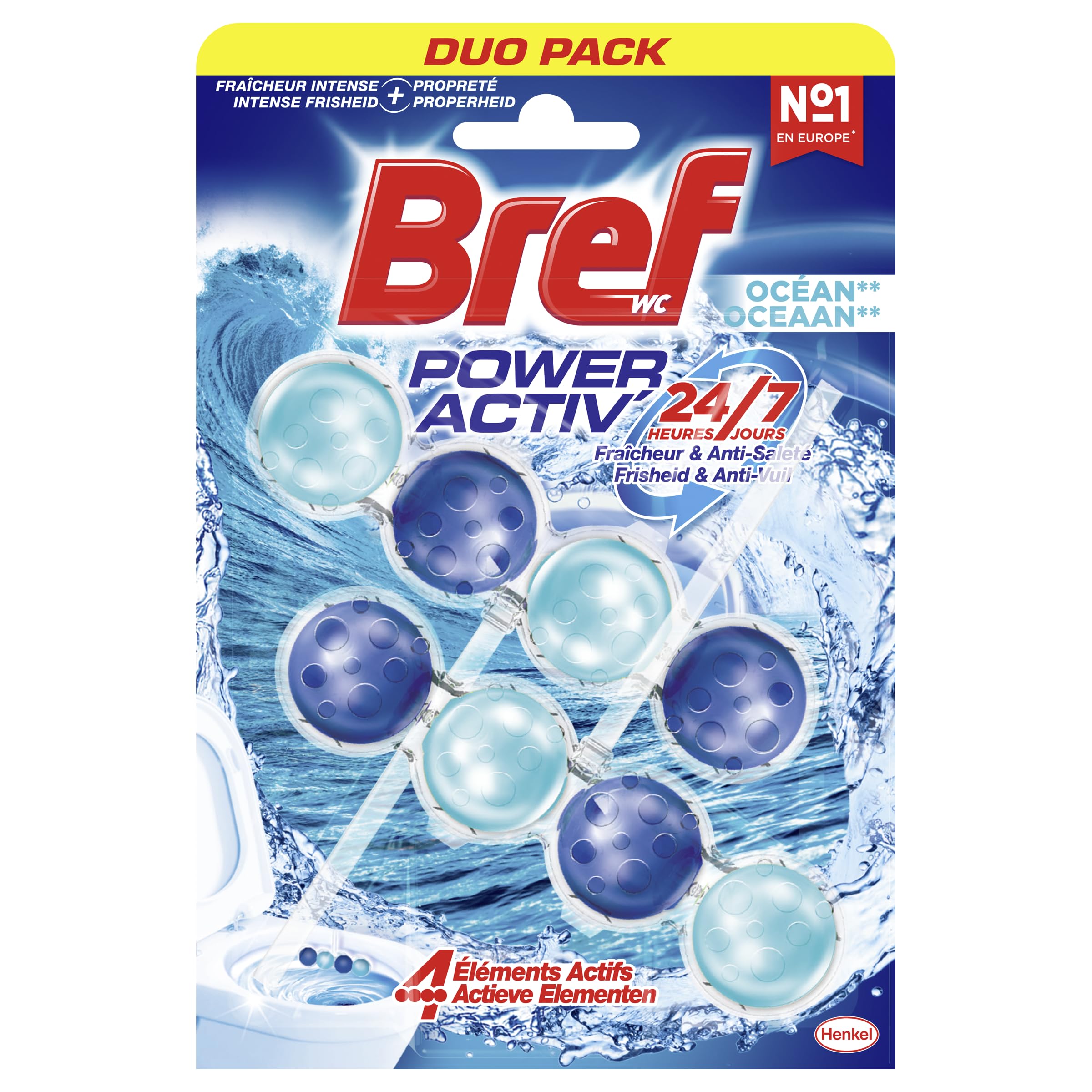 Bref WC Power Activ' Océan - Nettoyant Anti-Calcaire Mousse - Fraîcheur Intense Anti-Saleté - 4 Éléments Actifs - 2 Bloc