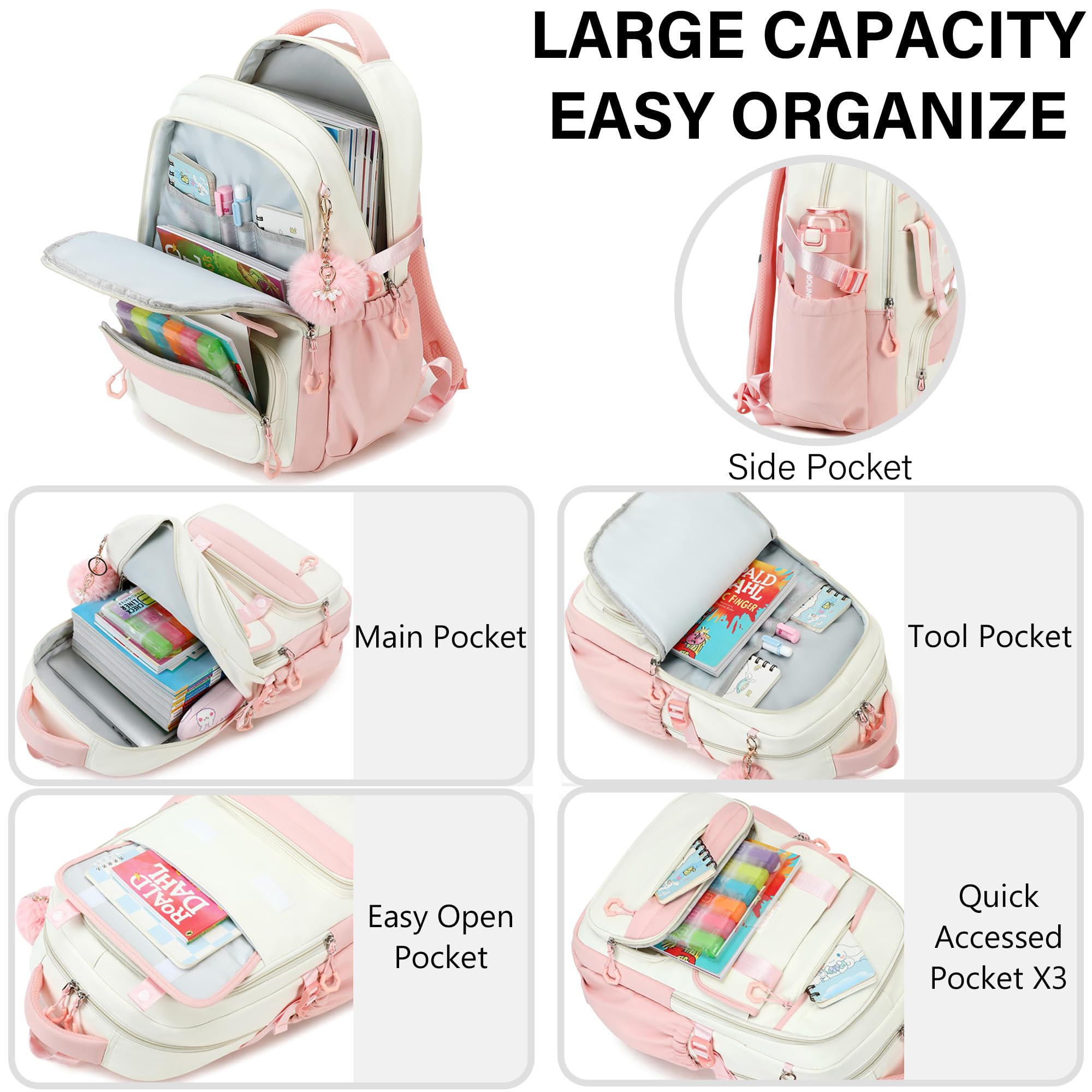 Zaino scolastico per ragazze, 3 pezzi, zaino per computer portatile da 15,6 pollici con portapranzo e astuccio per matite, set per libri scolastici per bambini, Rosa e beige., Carino