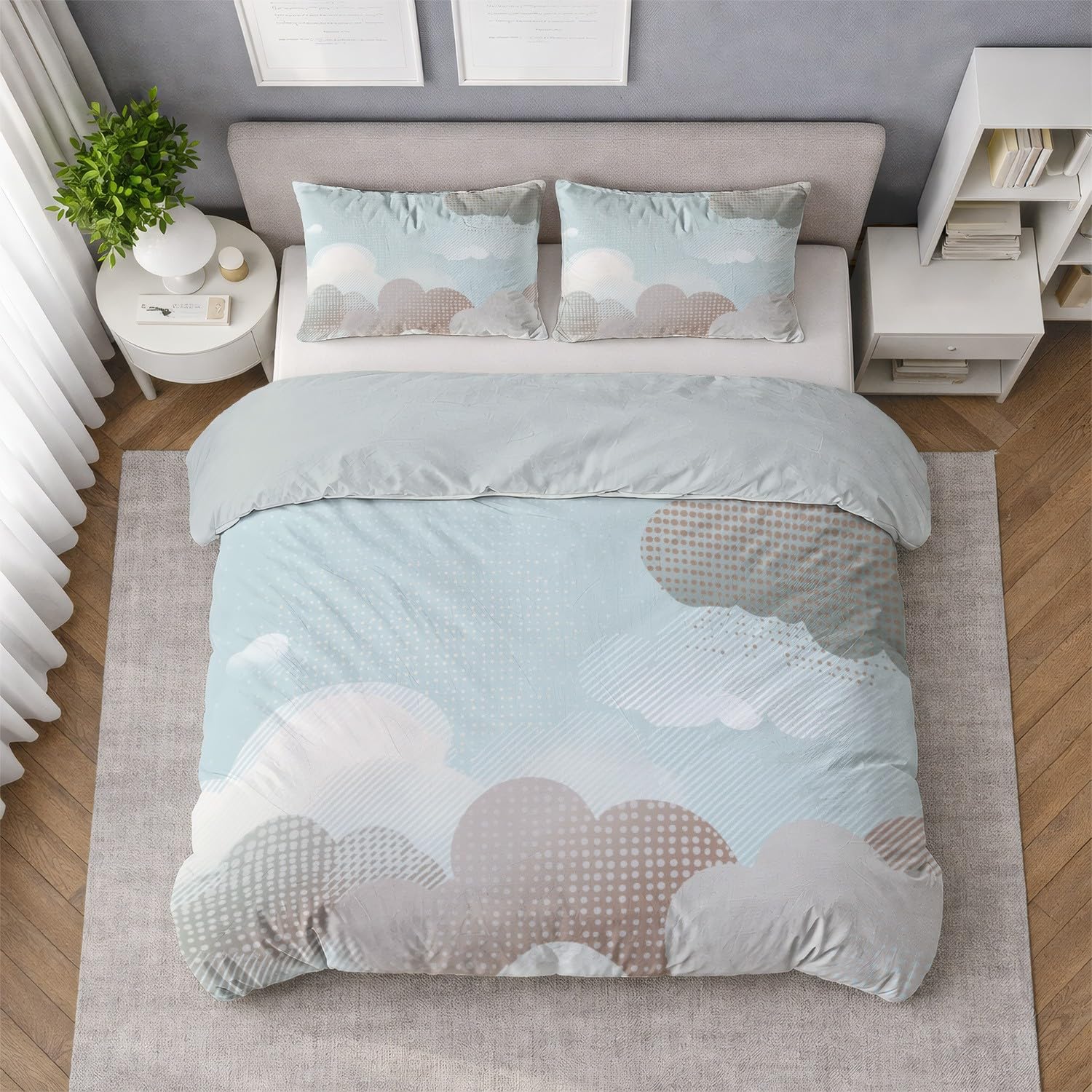 Generic Zestaw poszewek na kołdrę vintage gradient chmury podwójne 200 cm x 200 cm, niebiesko-szary, minimalistyczny zestaw pościeli 3-częściowy, miękka poszewka na kołdrę z mikrofibry dla dzieci