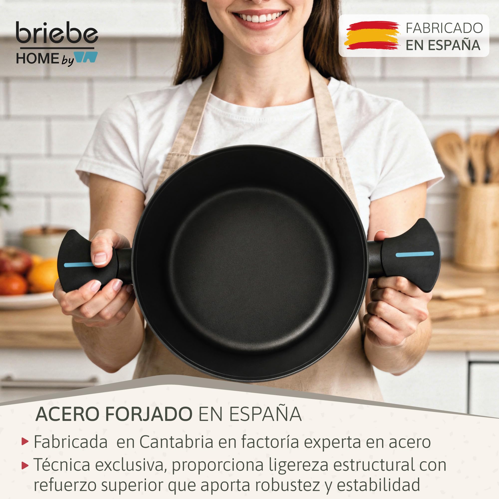 briebe MARE Batería Cocina Inducción, Acero Forjado 9 Piezas, Antiadherente Libre PFOA, Juego 3 Ollas Y 3 Sartenes Profesionales, Alta Resistencia, Apta Para Todo Tipo de Fuegos, Fabricada en España