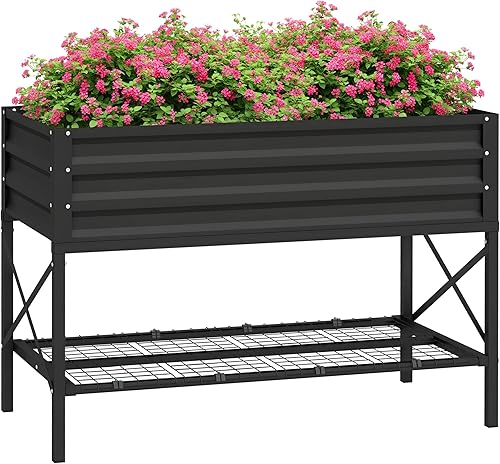 Outsunny Cama de jardín elevada con marco de acero galvanizado, estante de almacenamiento y forro de cama, maceta elevada con patas para verduras,