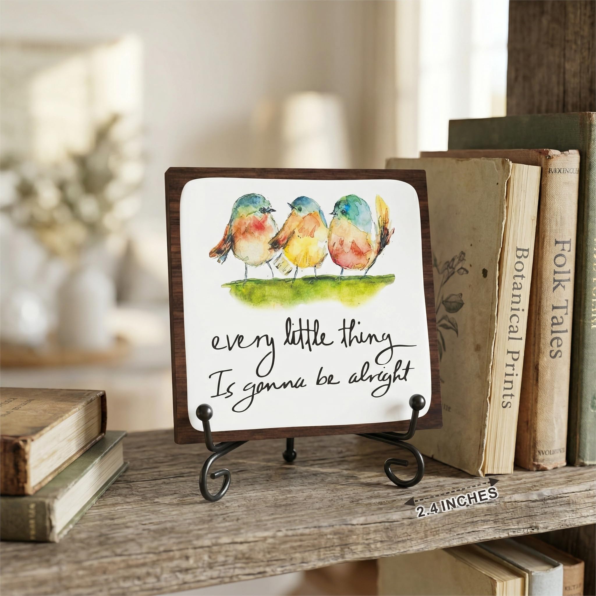 Letrero de madera de 4 pulgadas con un soporte de metal – Every Little Thing Is Gonna Be Alright – Acuarela adorables pájaros, cita positiva, placa de madera para decoración de escritorio, regalos