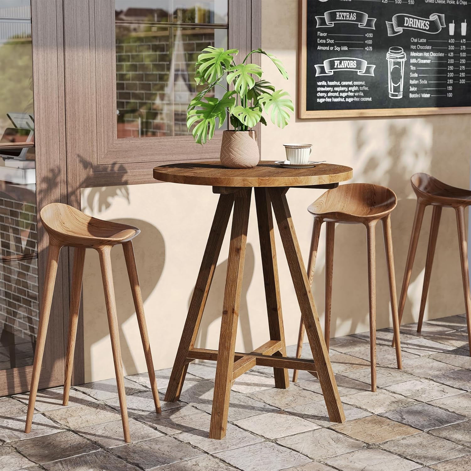 Solid Wood Bar Table, 31.5" Round Pub Bistro Table for Cafe, Dining Room, Kitchen, Living Room, Brown