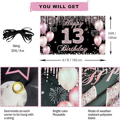 Miniatura 2 de Decoración de cumpleaños número 13 para niñas, telón de fondo de pancarta de feliz cumpleaños 13, cartel oficial de fiesta de cumpleaños de 13 años,