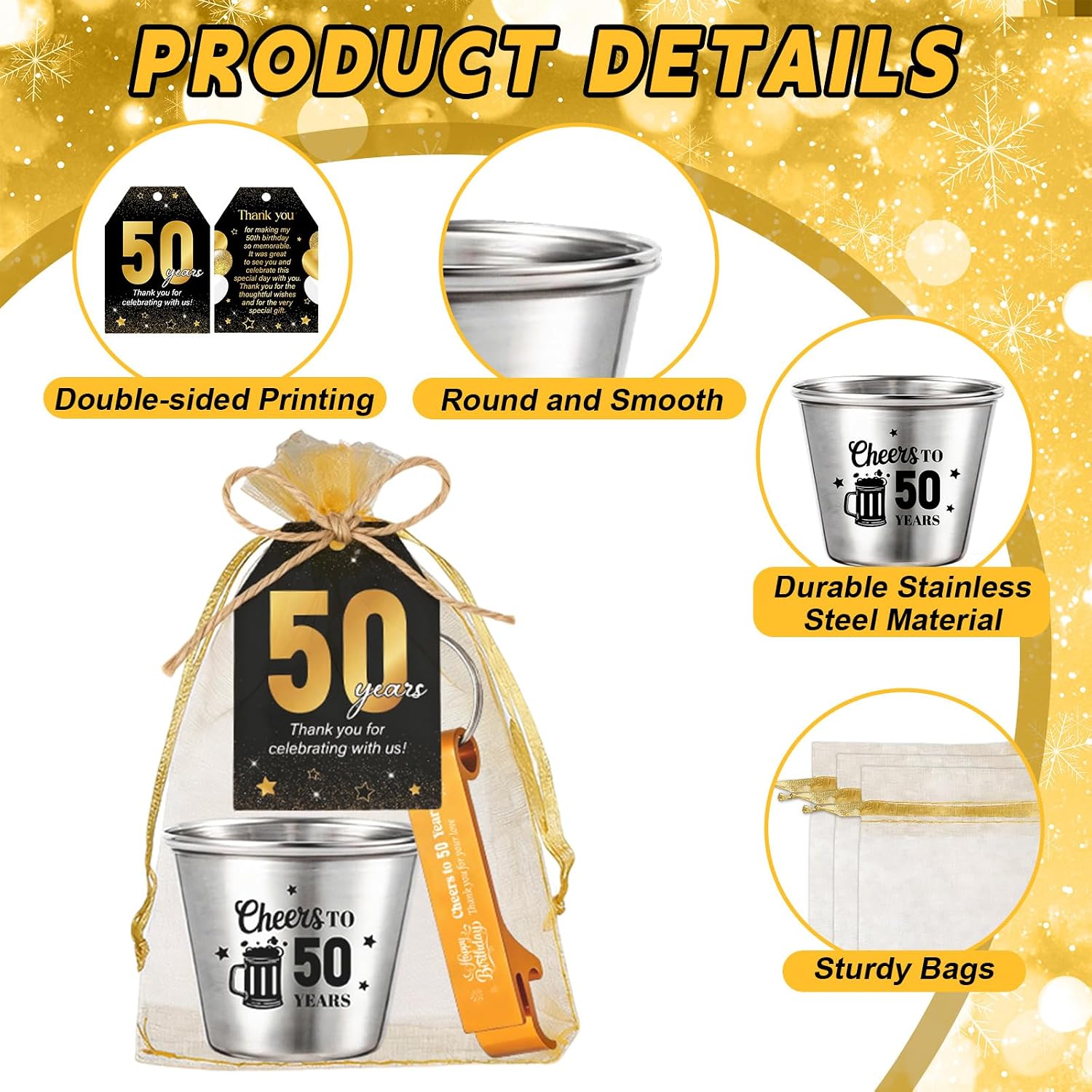 60 Sets 50th Birthday Party Favors Bulk Include Cheers to 50 Years Shot Glasses Bottle Opener Keychains and Thank You Cards with Organza Gift Bags Ropes for Birthday Anniversary Party Souvenirs Gifts
