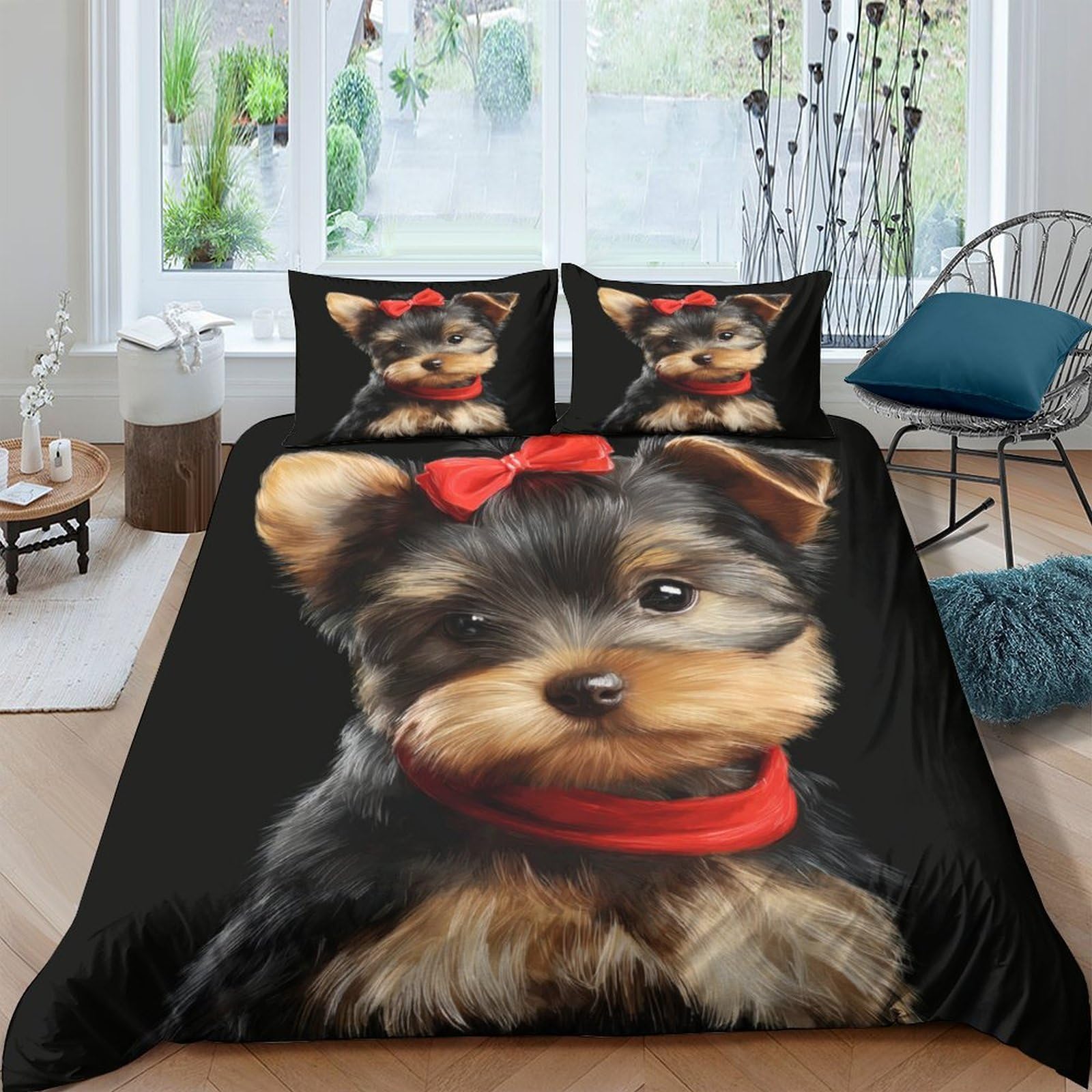 Ctjqhvkz Style-8 3D Printed Puppy Dog Fitted Sheet Microfiber Soft Anti-Slip Red Bow Bed Cover For Bedroom Guest Room Decor Single（135X200cm）