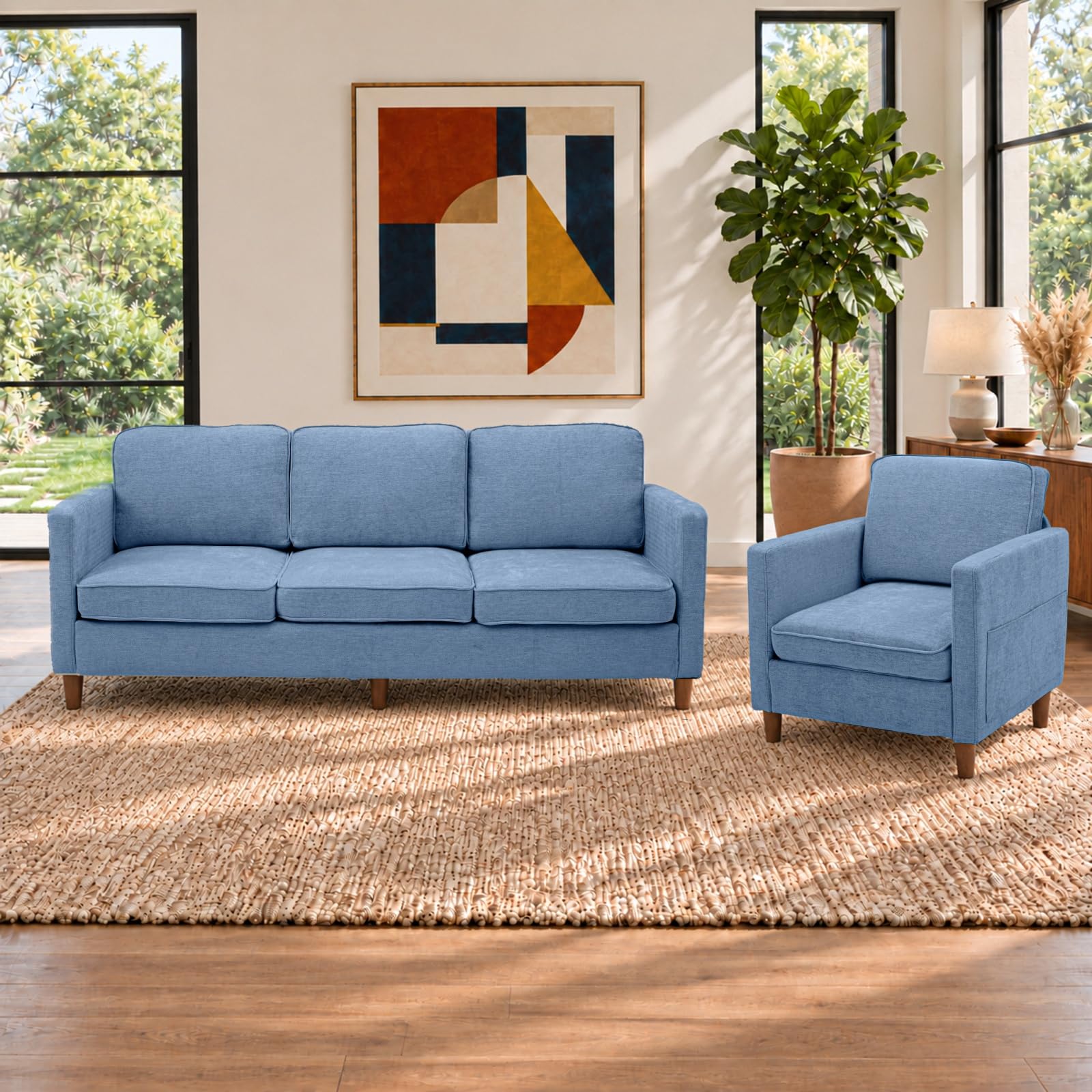 Kingfun Couch Set for Living Room, 3 Seater Chenille Sofa and Armchair