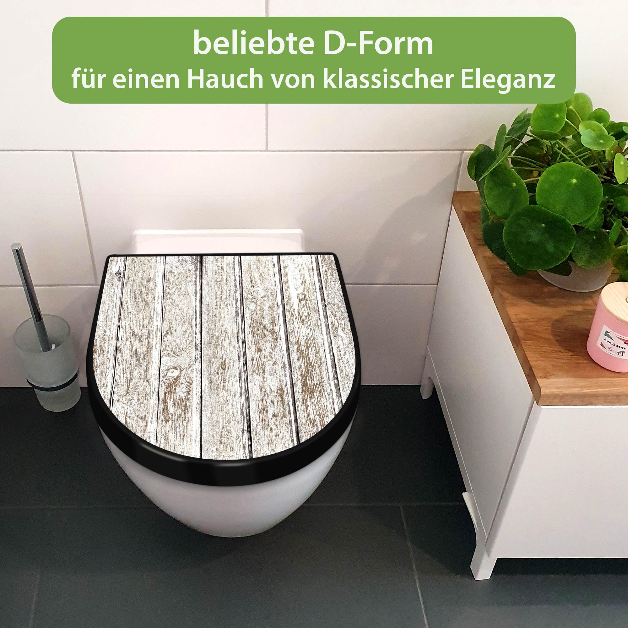 banjado WC Sitz mit Absenkautomatik D Form - Toilettendeckel mit Absenkautomatik D Form - Klodeckel Softclose - stabile Klobrille - Toilettensitz Schwarz - Motiv Schwarzes Holz