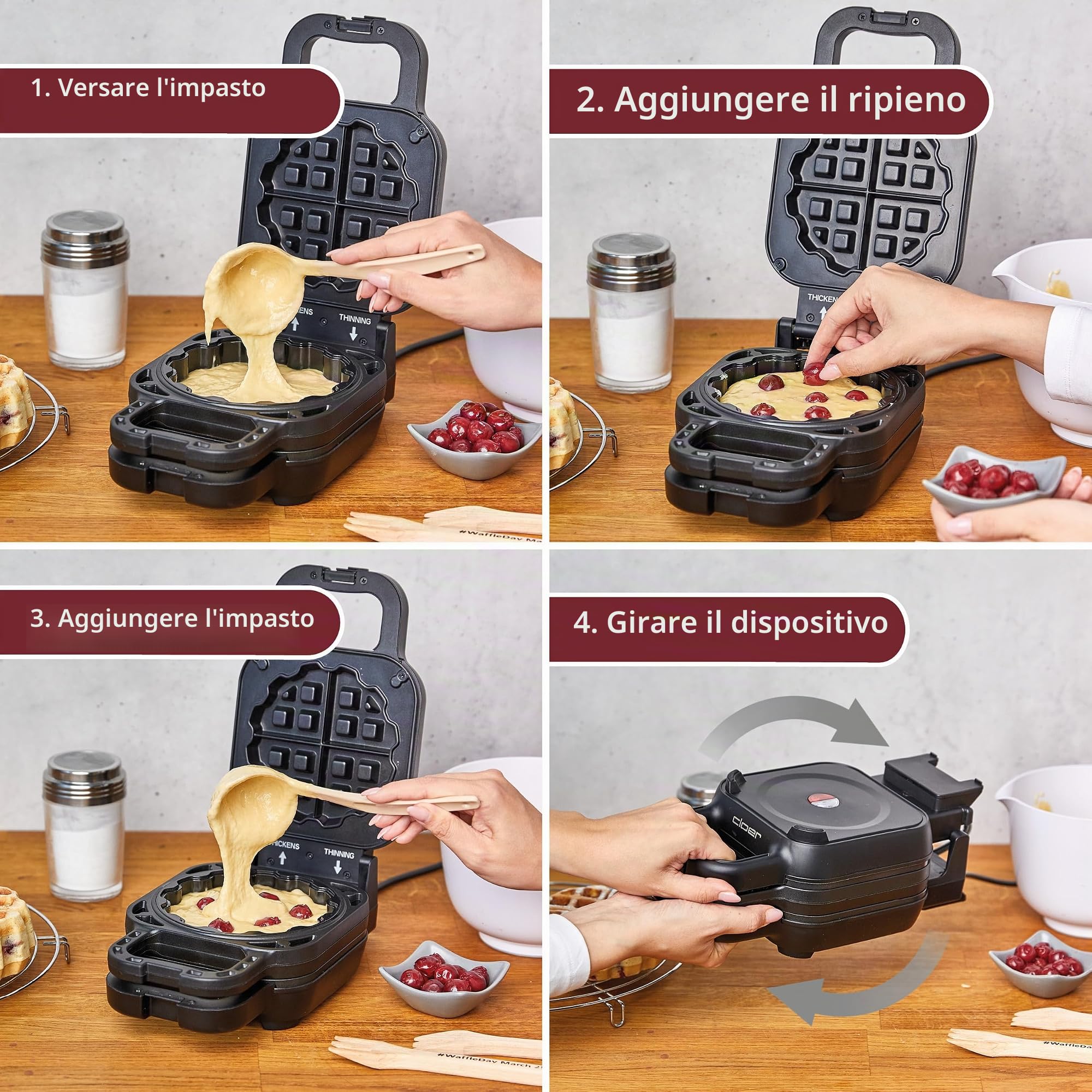 Cloer 6150 Waffle Pie Maker, Piastra per waffle per waffle ripieni, Mini waffle 11,5 cm Ø o con anello distanziatore per riempimento XXL, con rivestimento antiaderente, 800 W, nero