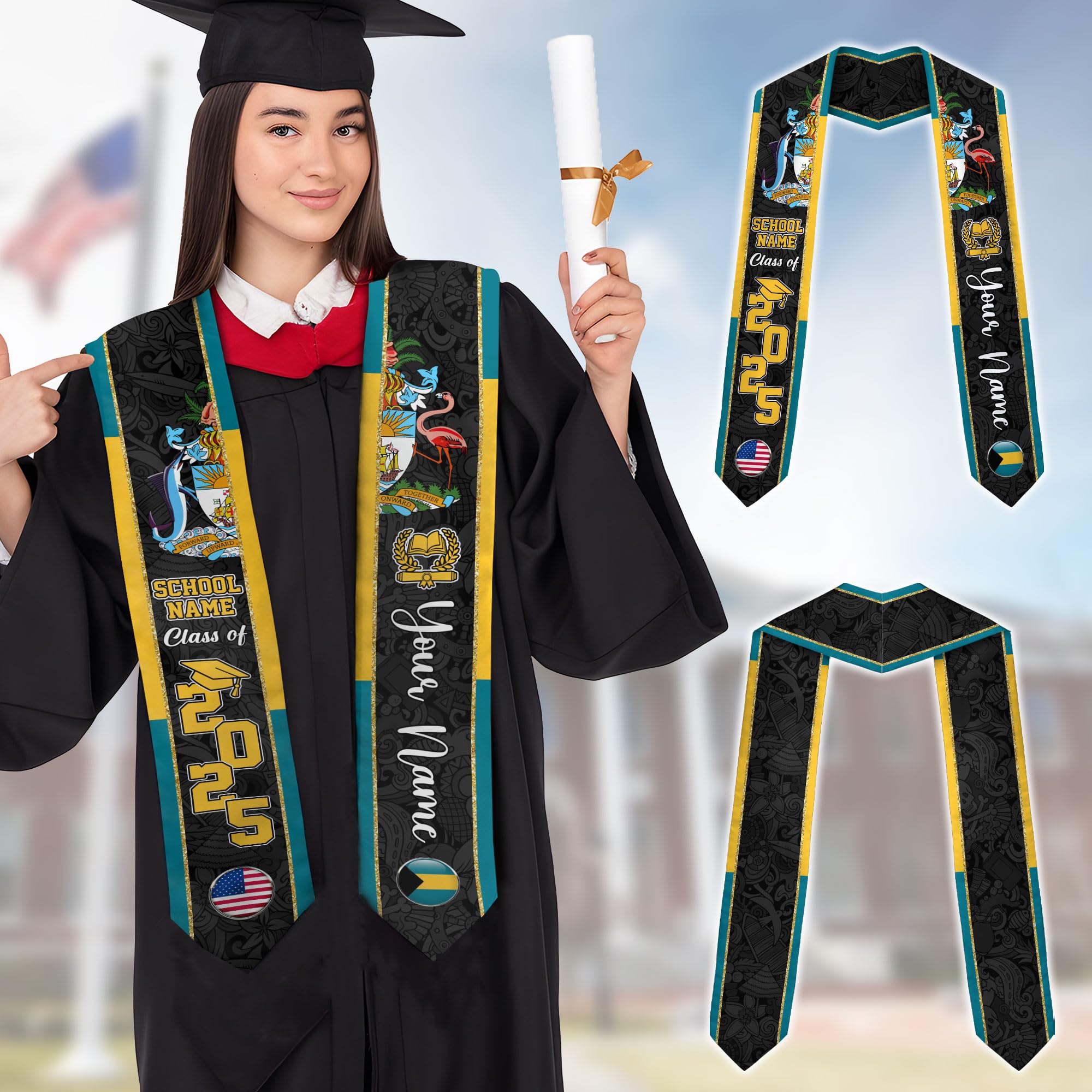 MonkeyVan Personalized Bahamas Graduation Stole, Bahamian Graduation Sash, Bahamas Flag Graduation Stole, Class of 2025 Bhm2