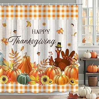 MEHOFOND Happy Thanksgiving Turkey Shower Curtain, Autumn Thanksgiving Day Harvest Shower Curtain for Bathroom, Fall Autumn Maple Leaves Pumpkin Rustic Wood Orange Lattice Bathroom Decor 72x72in