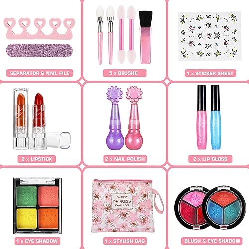 Miniatura 3 de Juego de 18 piezas de juguetes de maquillaje, juguetes de belleza cosméticos para niños reales con bolsa de cosméticos, kits de maquillaje lavables