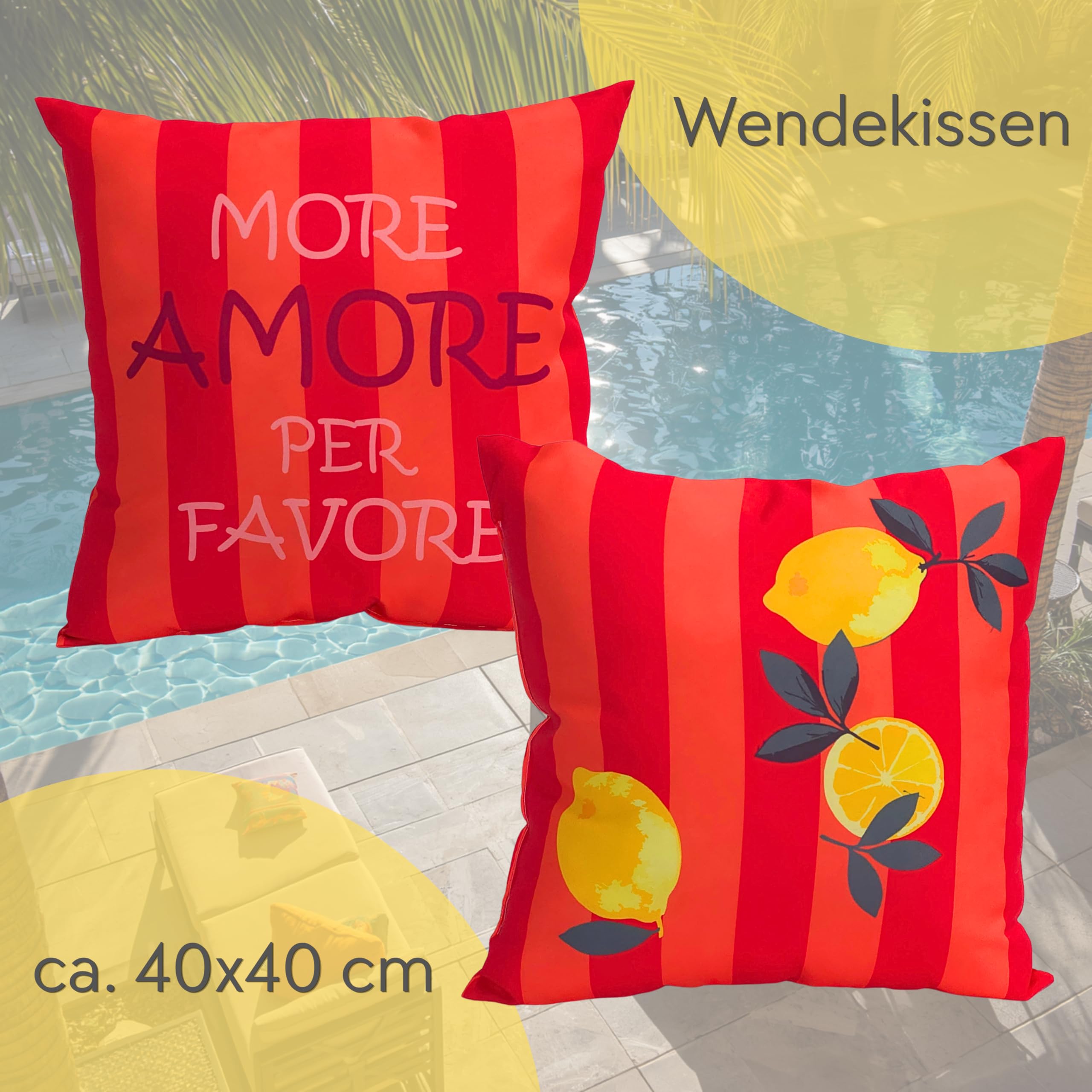 Wetterfestes Outdoor-Kissen mit Füllung – Wasserabweisend, UV-beständig & Pflegeleicht –1 Wendekissen für Garten, Balkon & Terrasse–Verschiedene Designs (Orange/Pink - Amore/Zitrone, 40x40 cm)