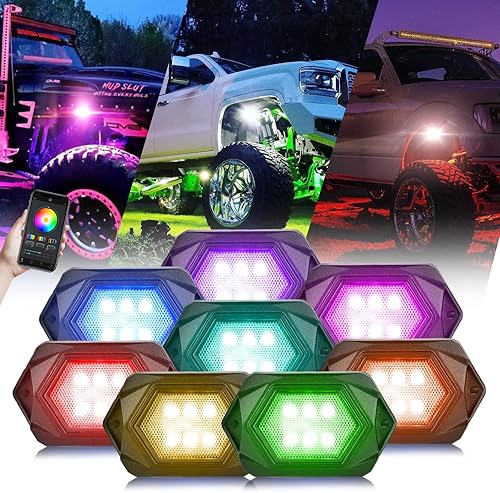 RGBW LED Rock Light, Underglow Multicolor Neon Lighting with Wiring Switch Kit, Flashing Music Mode with APP Bluetooth Control, Pure Color 8Pods