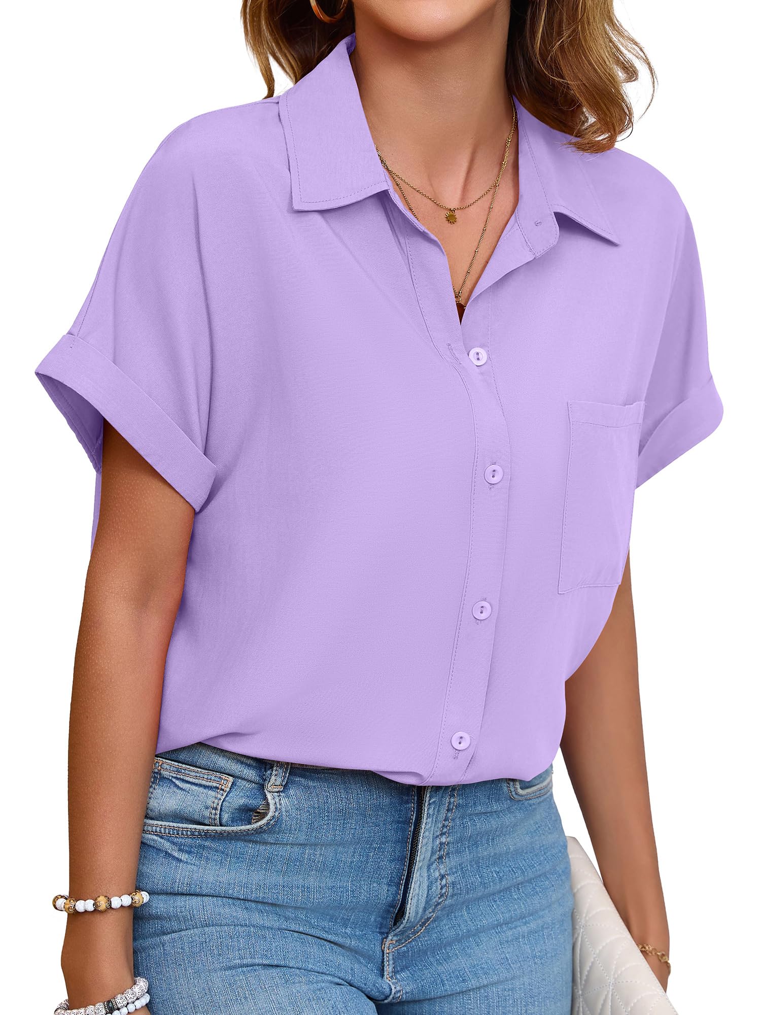 Poplab Womens Button Down Shirts Short Sleeve Work Blouse Casual Collared Office Shirt with Pocket