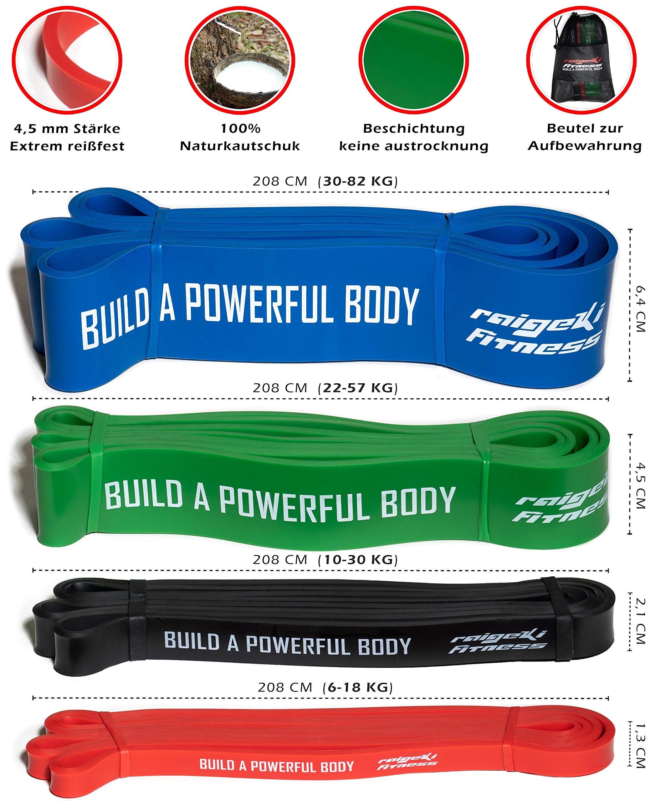 Raigeki Fitness Widerstandsbänder Gummibänder (+Trainingspläne) [Einzeln und Set] Lang Resistance Bands Fitnessbänder für Kraftsport - Fitnessband Terrabänder Gymnastikbänder