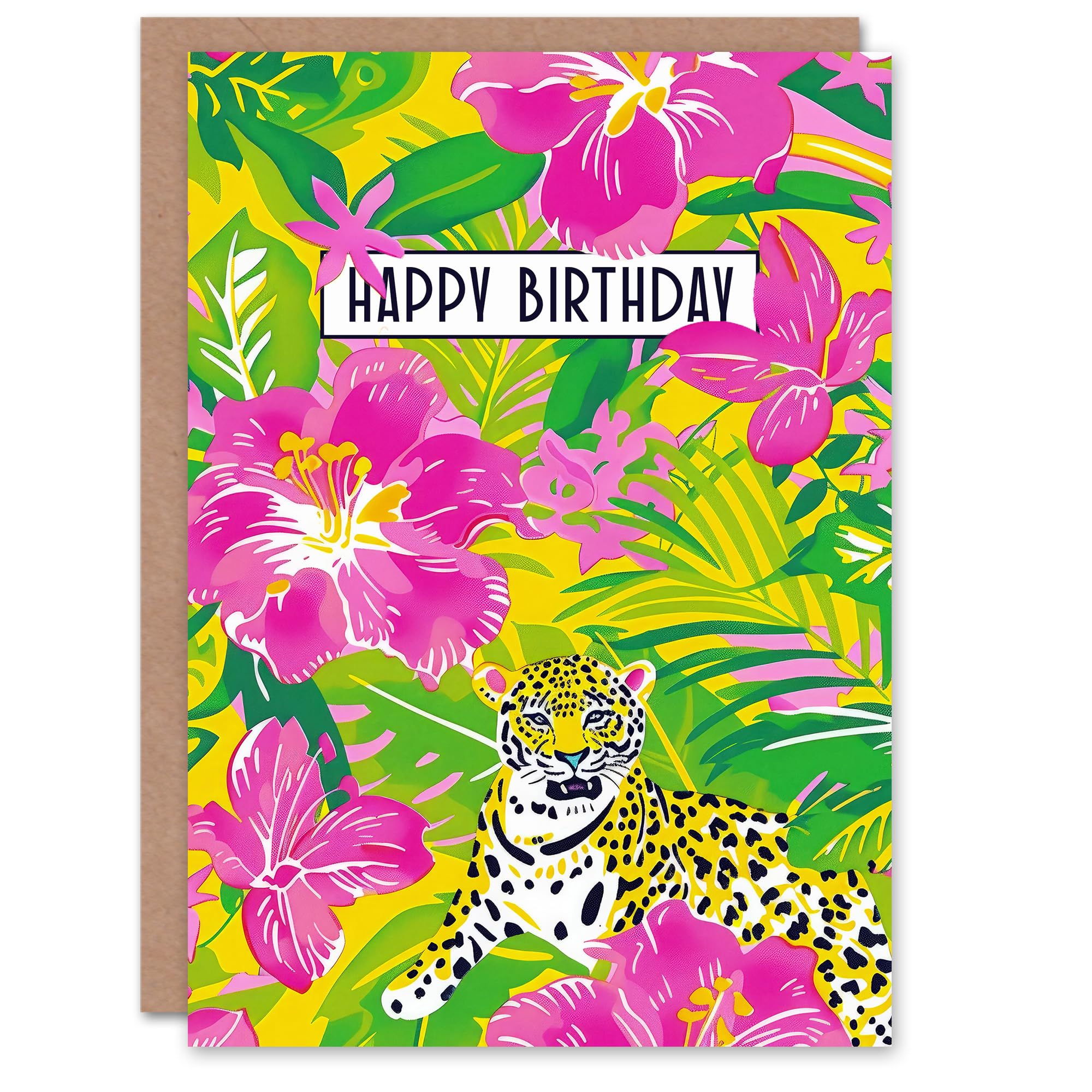 Artery8 Birthday Card Exotic Jungle Leopard in Hot Pink Orchid Flowers Artwork For Her Gran Sister Niece Daughter Wife Woman Greeting Card