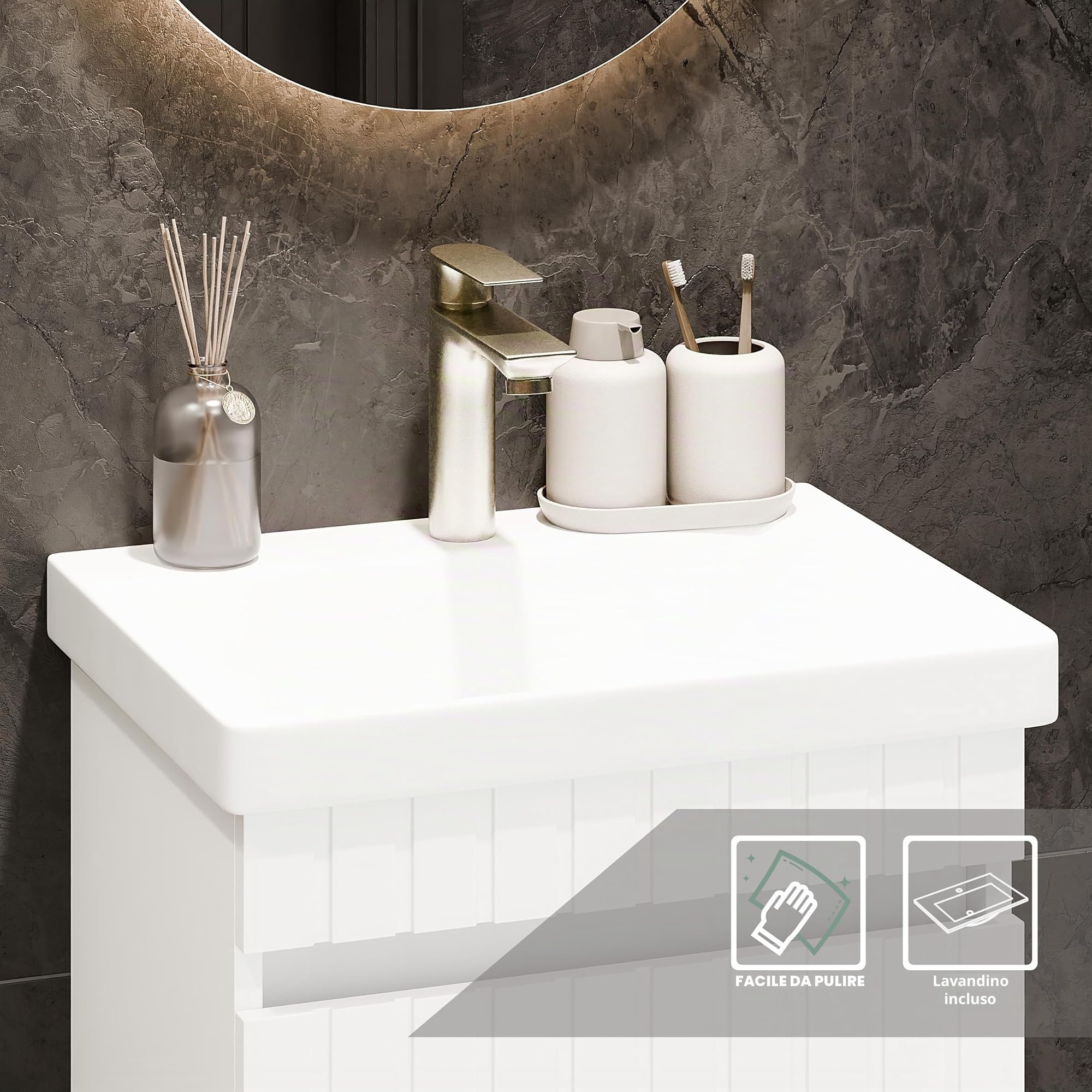 Planetmöbel Cosmia - Set di mobili da bagno con mobiletto da 50 x 60 x 35 cm, colore: bianco, specchio da bagno con illuminazione da 50 cm, lavabo con porta