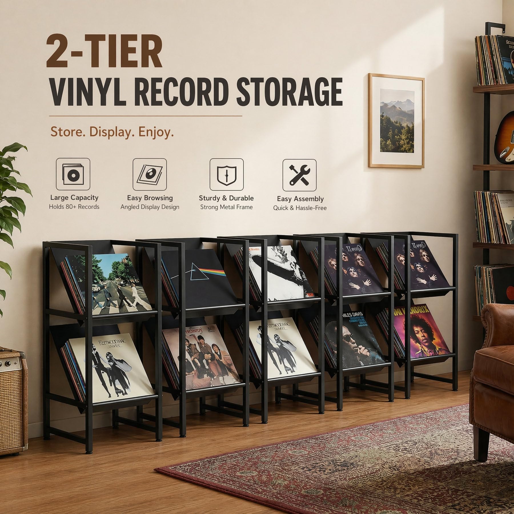 Conceptual Design Schallplatten-Aufbewahrung, 2 Ebenen, schwarzer Metall-Schallplattenhalter, stilvolle Aufbewahrungslösung für Ihre Sammlung
