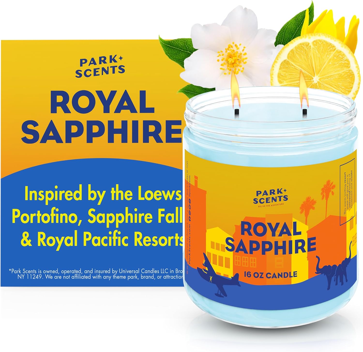 Royal Sapphire Theme Park Resort Hotel Candle - Jasmine Citrus Amber Ylang Ylang Luxury Vegan Soy Wax Blend Handmade in USA - Birthday Gifts for Women, Hostess, Sister, Best Friend (16 oz. Glass Jar)