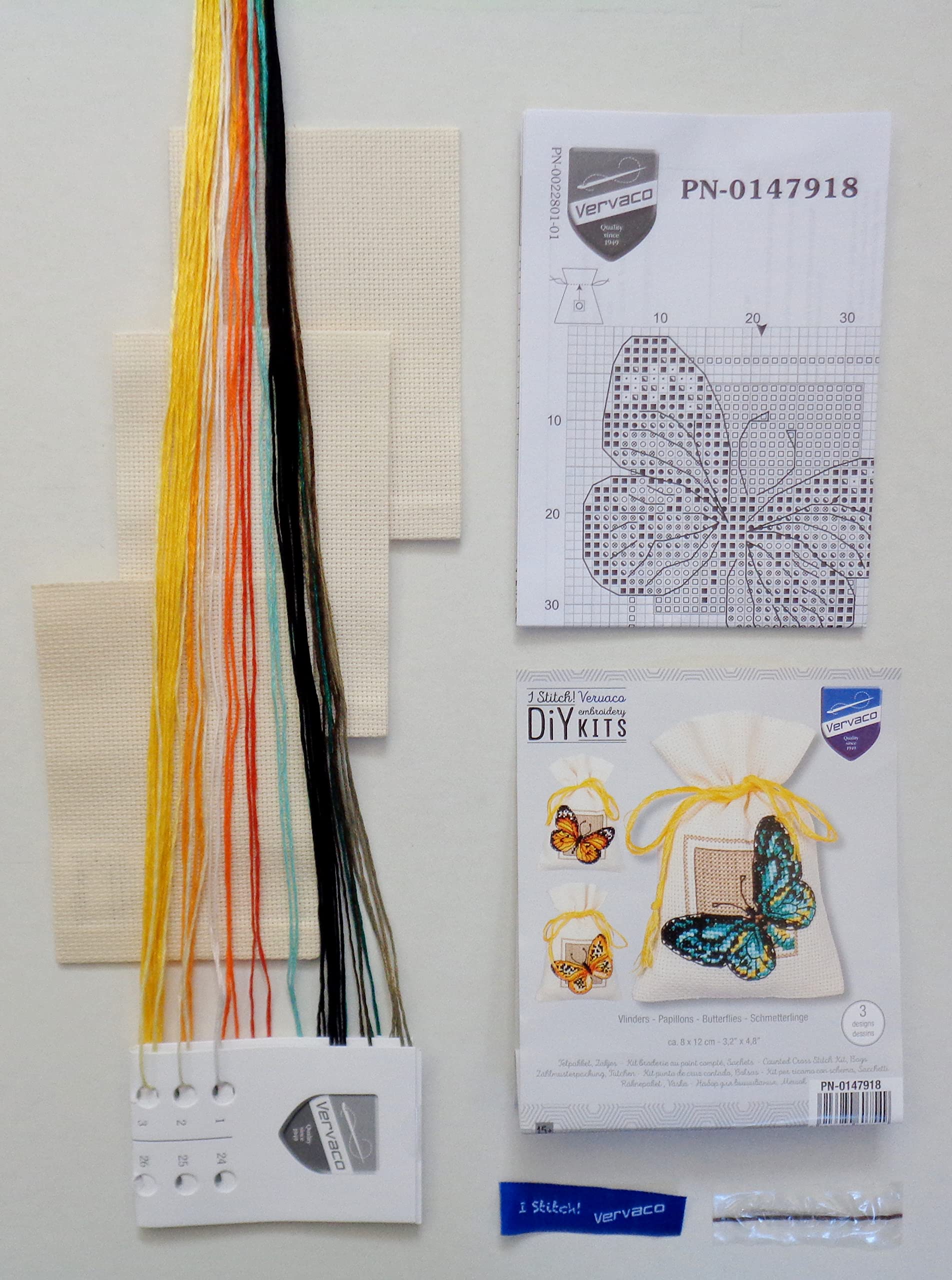 Vevaco Kits De Punto De Cruz Contado Bolsas Aromáticas DIY Creativo Set Mariposas Juego DE 3 Manualidades Bordar Kit Principiantes Decoration Hogar Regalo ca. 8 x 12 cm Cross Stitch Embroidery