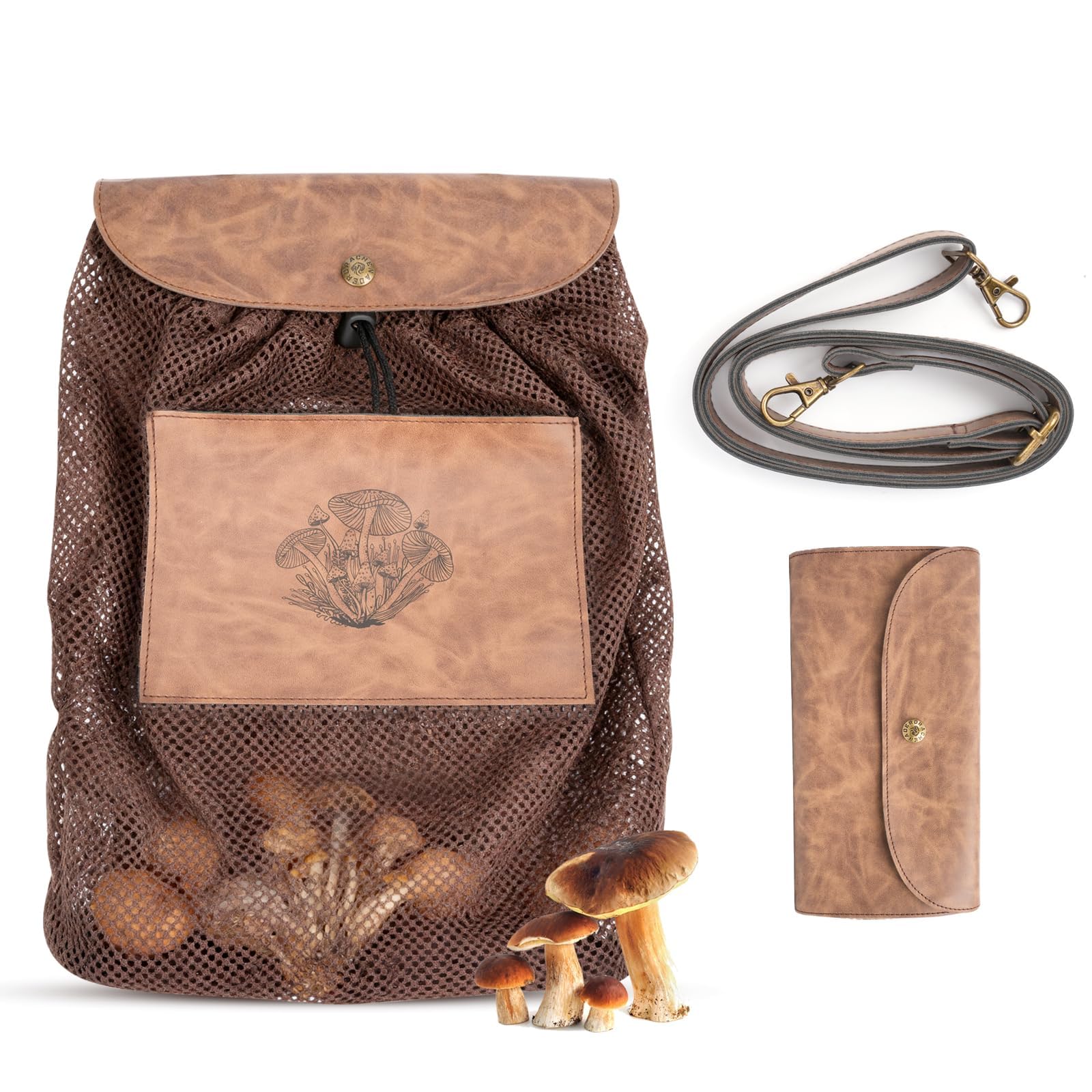 DRACHENADER Pilzkorb zum Umhängen mit Atmungsaktivem Netz – Faltbare pilztasche zur Platzsparenden Aufbewahrung, Pilz Sammeltasche und Jagdtasche für Frische Pilze, mit Verstellbarem Schultergurt