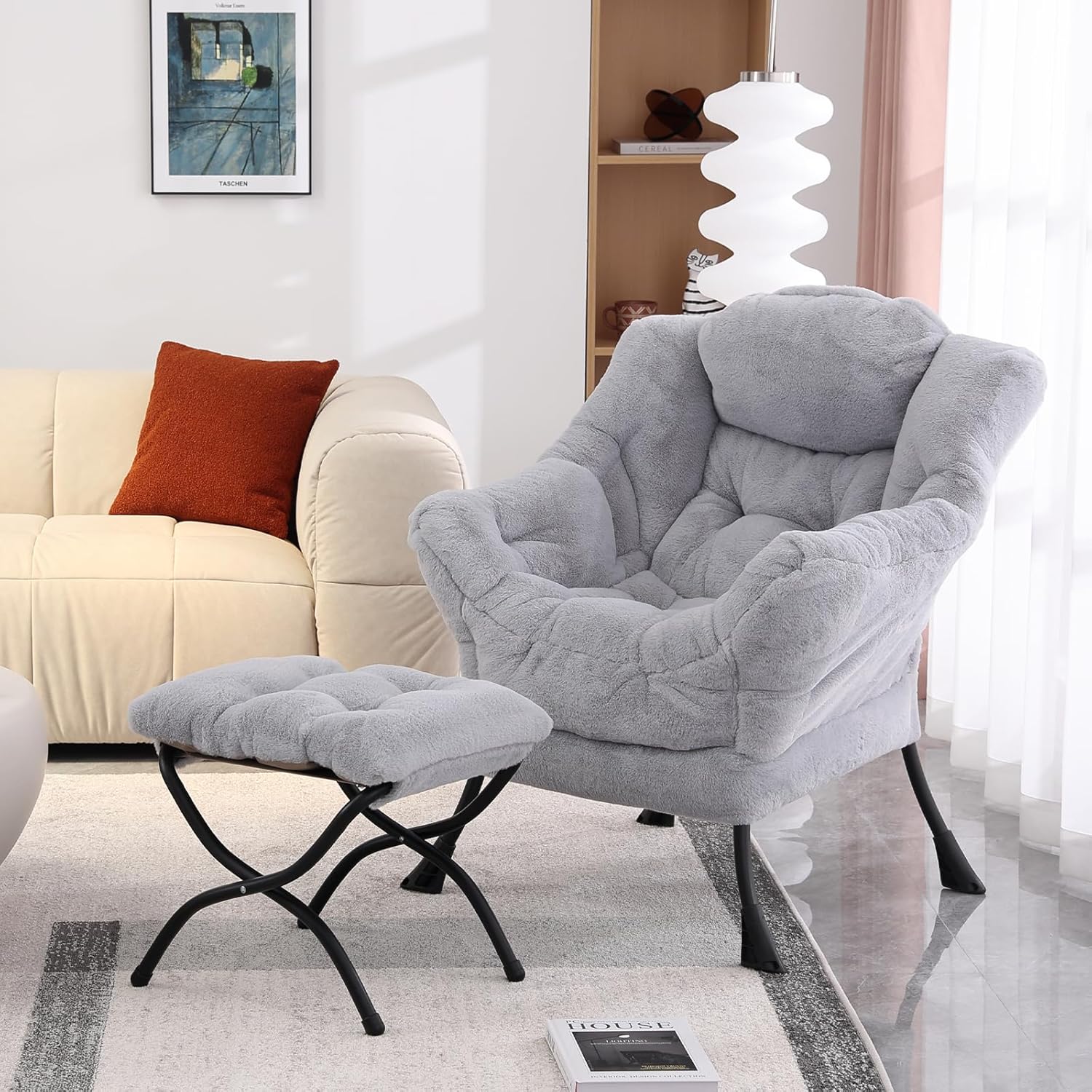 Lazy Chair with Folding Ottoman, Modern Accent Lounge Armchair with Armrests and a Side Pocket & Foldable Footstool, Leisure Reading Chair for Living Room, Bedroom, Dorm & Office, Plush Grey