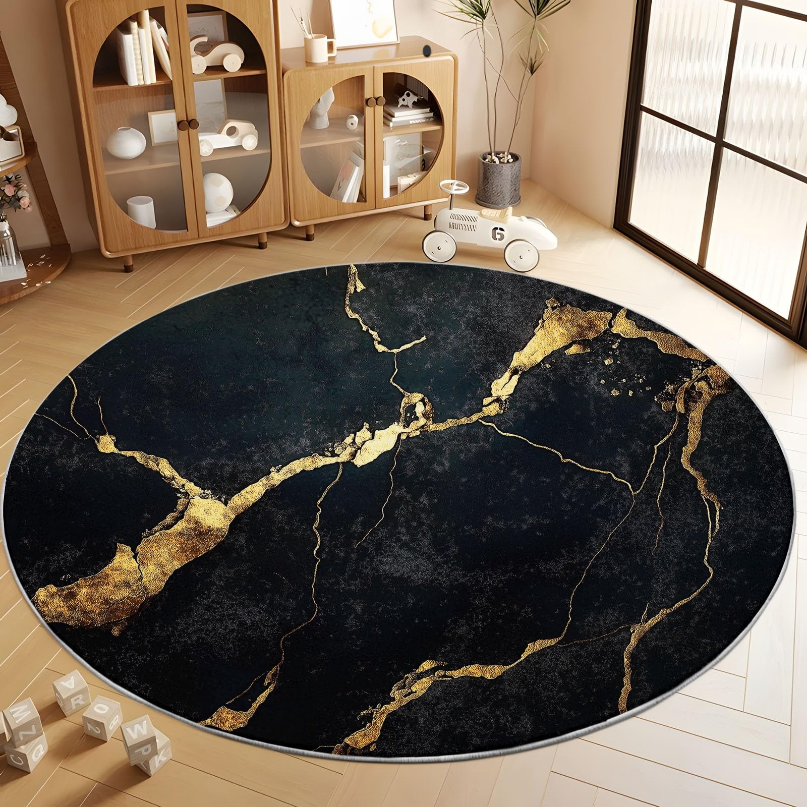 Tapis rond shaggy lavable 150 cm marbre noir et or Générique