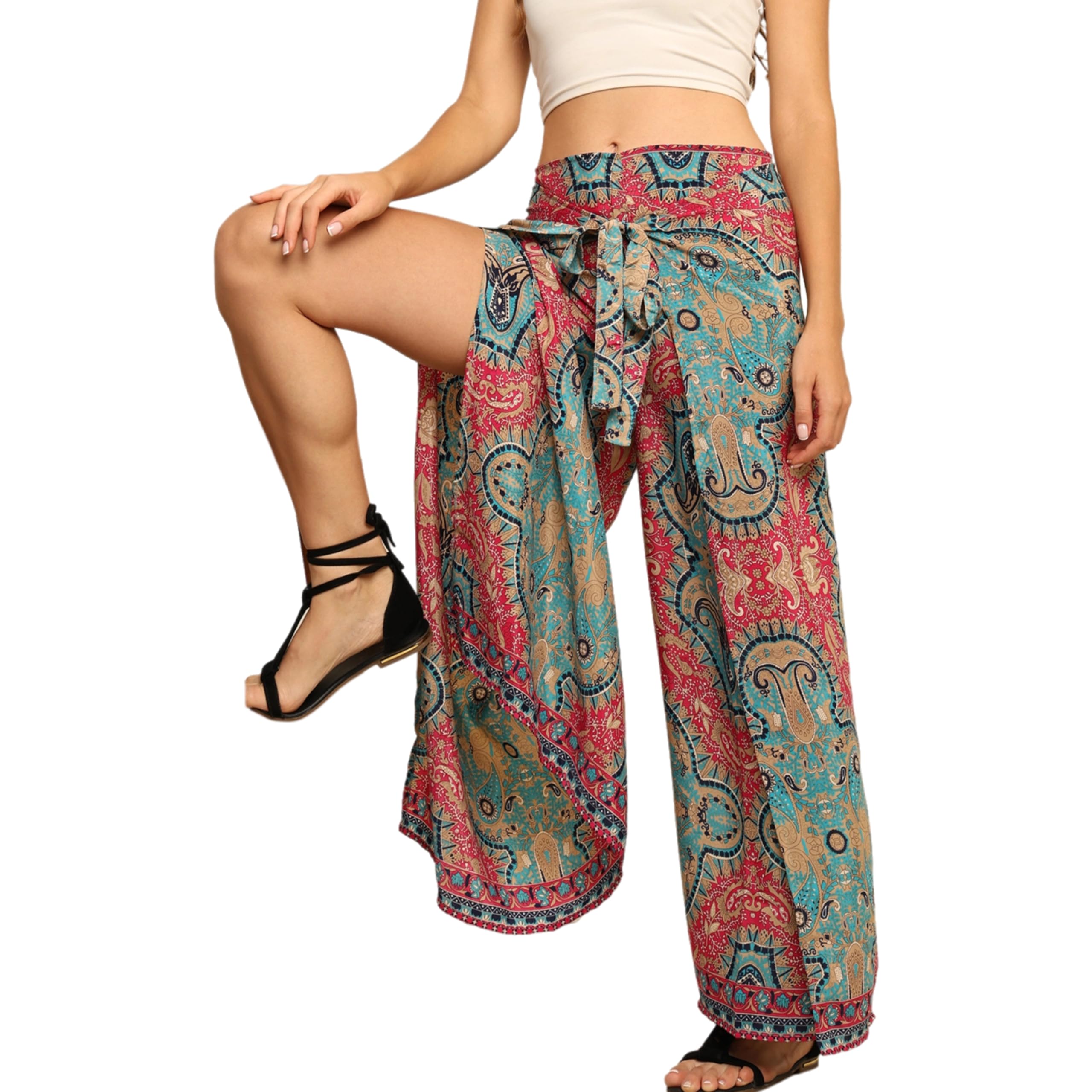 KE KANHA EXPORTS Women’s Boho Wrap Palazzo Plazo Pants, Printed Wide Leg Tie-Up Waist Trousers, Soft Silky Feel Fabric, Multiway Convertible Beach & Casual Wear
