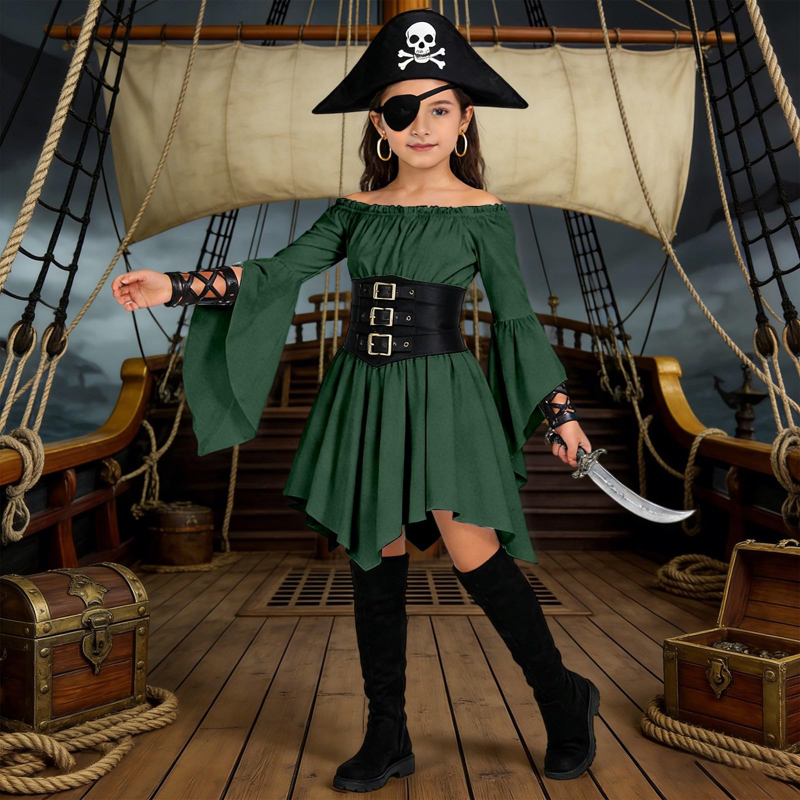 Piratenkostüm Mädchen Chiffon Prinzessin Kleid Weißes Schulterfreiem Mädchenkleid Unregelmäßiger A-Linie Rüschenkleid Mädchen Piraten Kleid Cosplay Faschingskostüme Kinder Karneval Kostüm