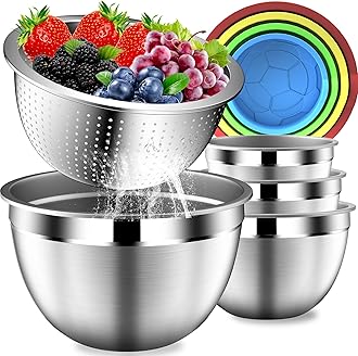 Mixing Bowls with Strainer, Mixing Bowl with Lids Set, Stainless Steel Mixing Bowls, Kitchen Gadgets Salad Bowls with Strainer for Mixing & Preping & Serving, Multicolor