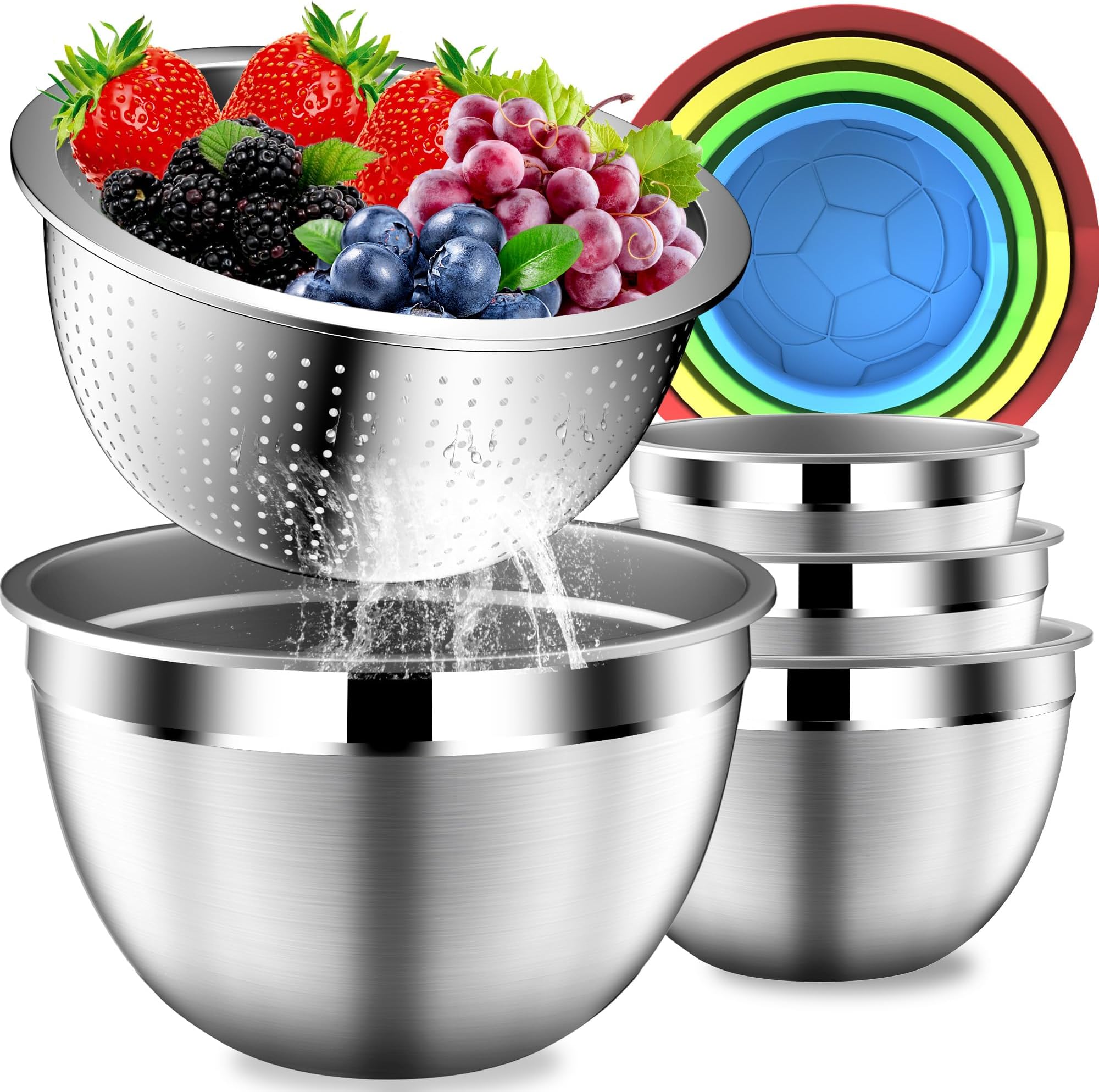 Mixing Bowls with Strainer, Mixing Bowl with Lids Set, Stainless Steel Mixing Bowls, Kitchen Gadgets Salad Bowls with Strainer for Mixing & Preping & Serving, Multicolor