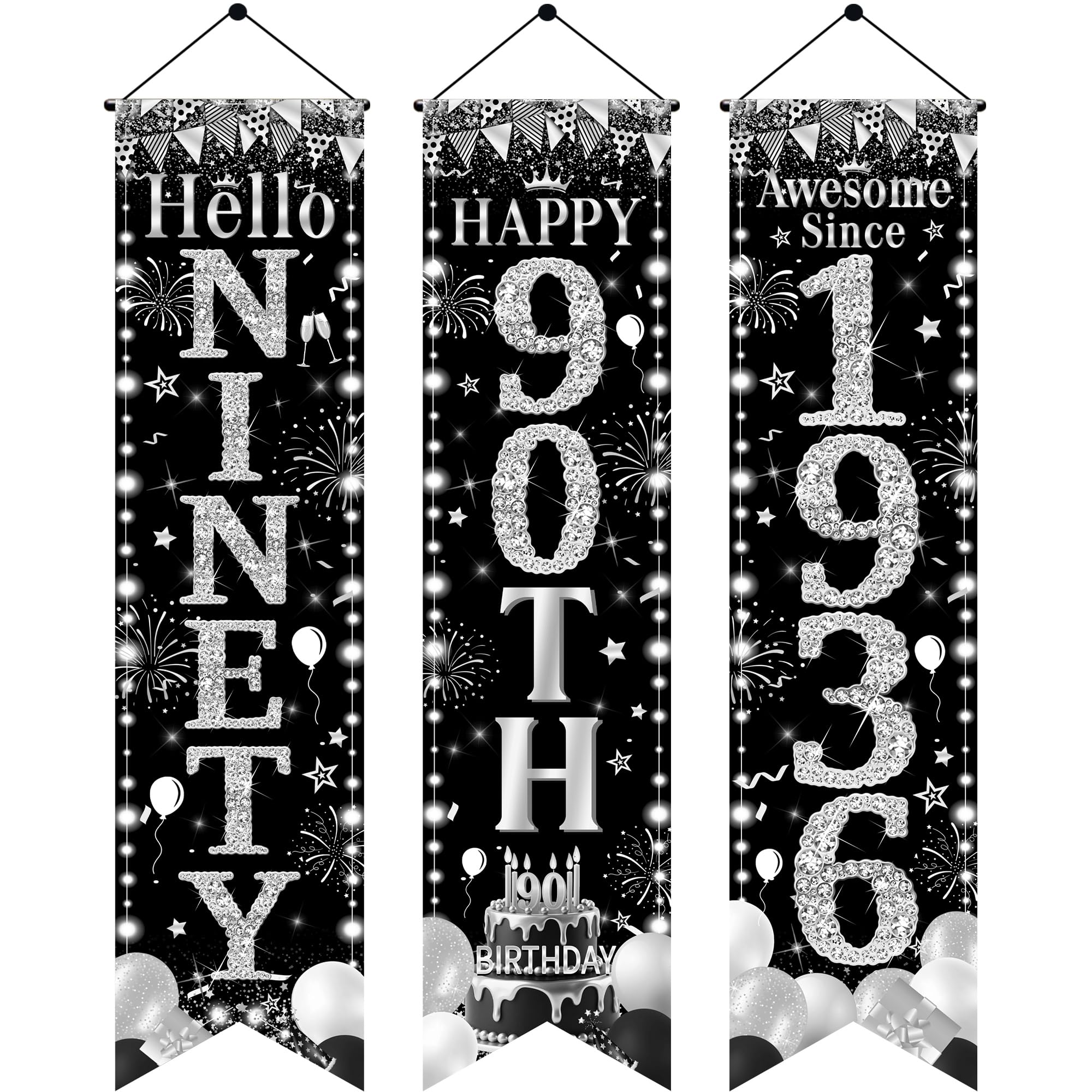 90th Birthday Door Banner Decorations - Black Silver Hello Ninety Porch Signs 3.9x0.9ft, 3Pcs Cheers to 90 Years Awesome Since 1936 Hanging Banners for 90th Birthday Party Decor