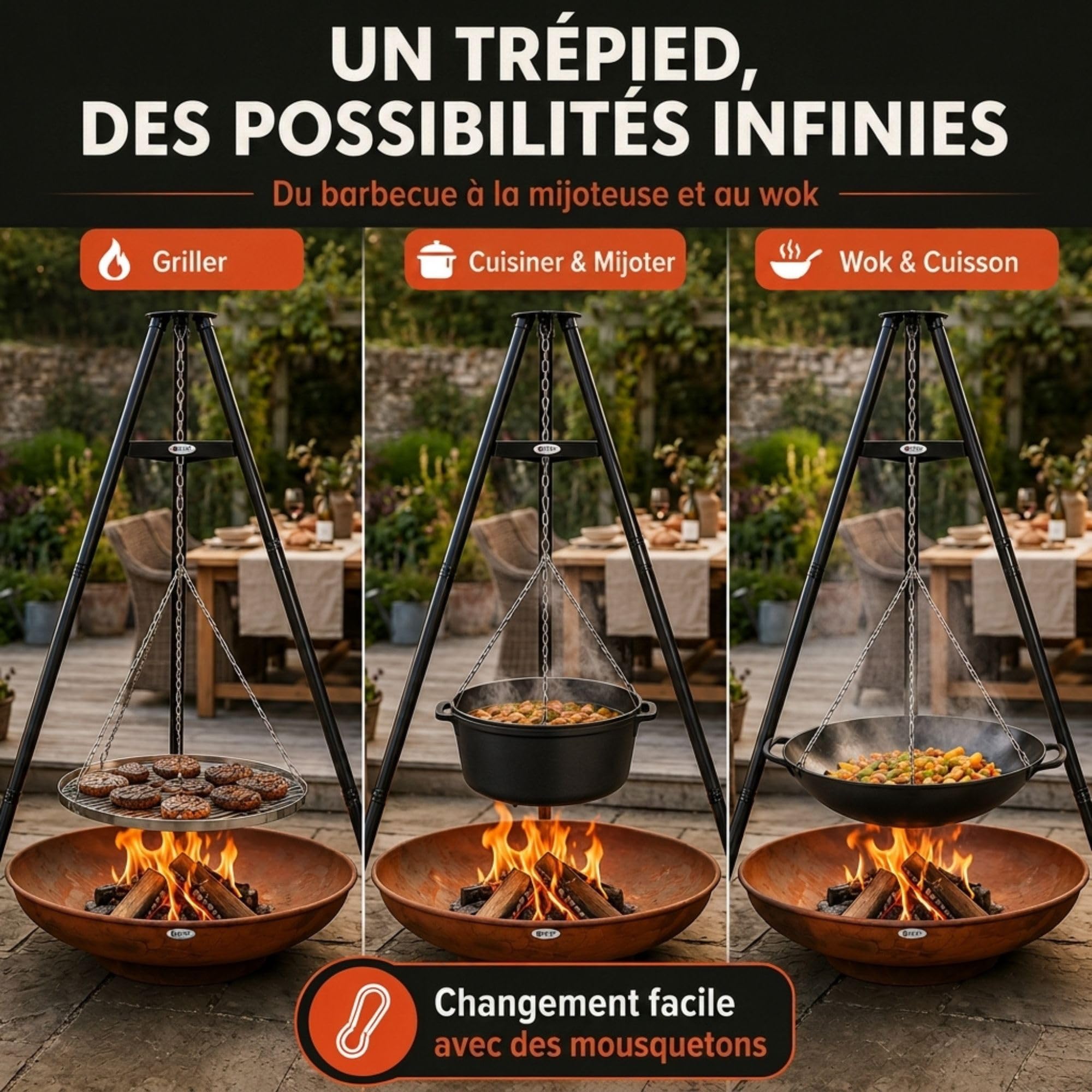 HEAT Trépied Barbecue Suspendu - Barbecue Pivotant avec Grille Ø 65 cm