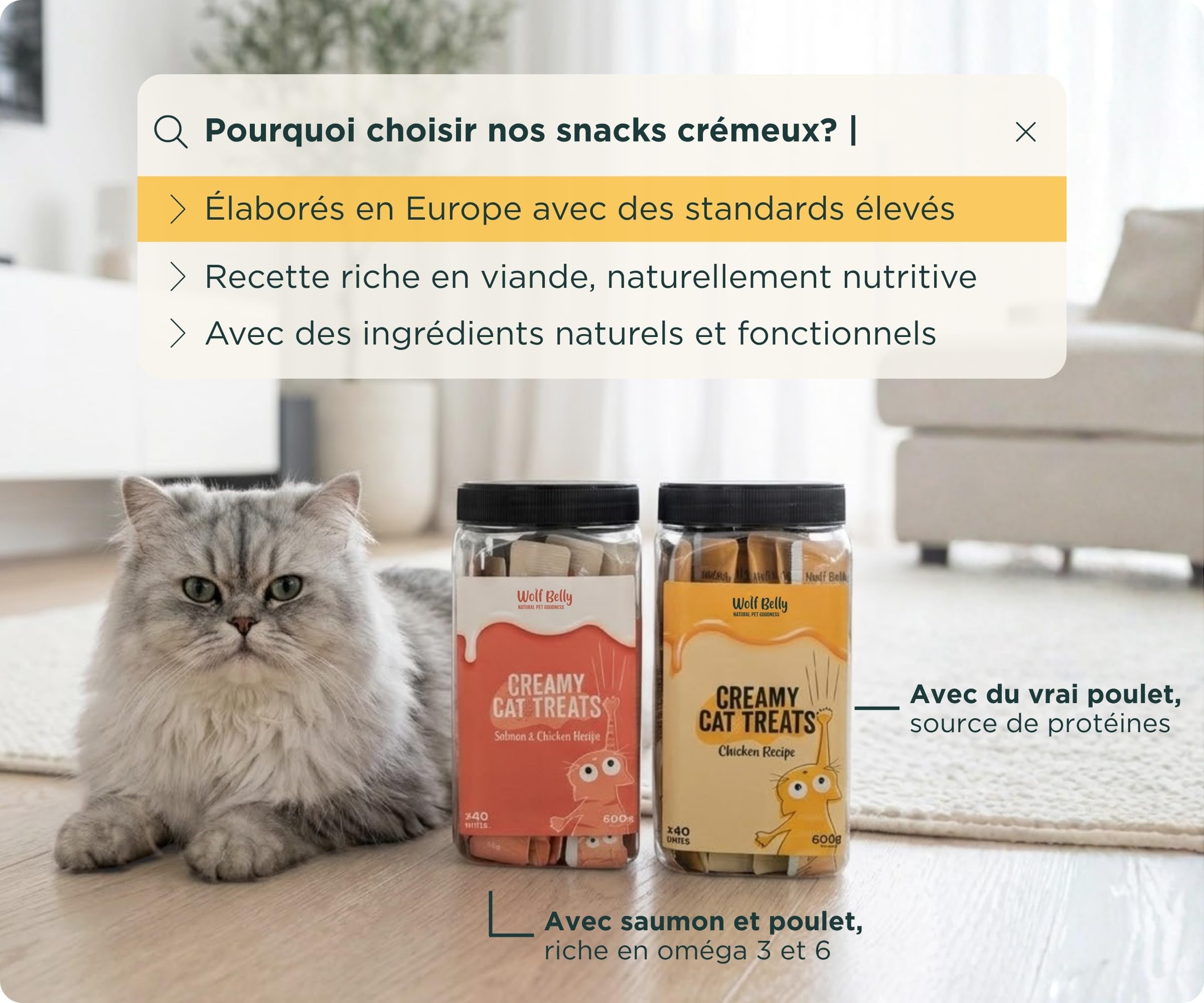 Wolf Belly - Liquid Snack pour Chat (40 uds x 15 g) à Base de Poulet | Creamy Friandises Saines Riches en Protéines | sans Céréales ni Colorants Artificiels - Fabriqué en Europe