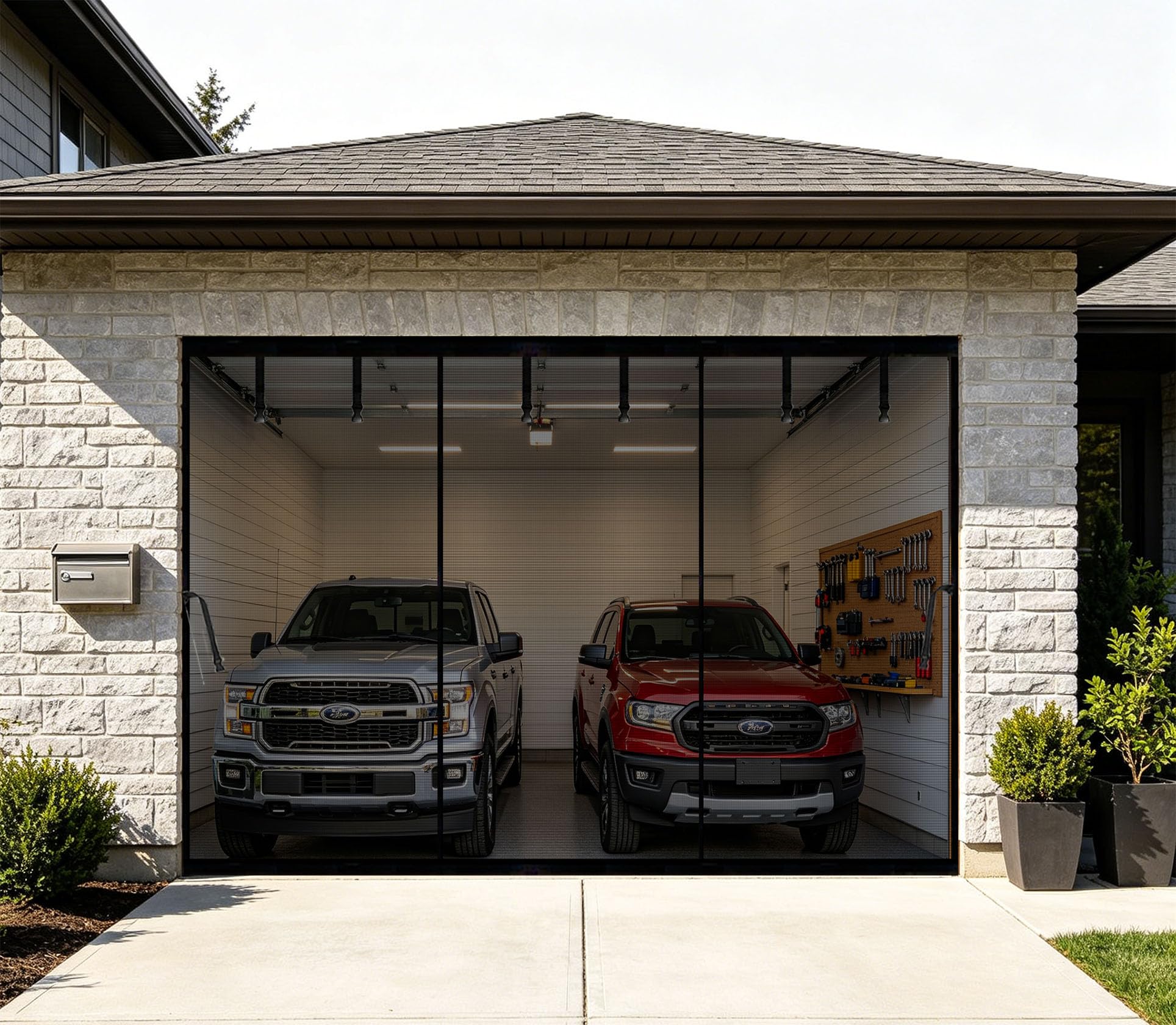 Magnetic Garage Door Screen 16x9ft for 2 3 Car Doors Durable Fiberglass Heavy Duty Mesh Magnetic Garage Net, Pets Friendly Retractable Carport Garage Patio Porch RV Curtain (Black, for 16x9ft)