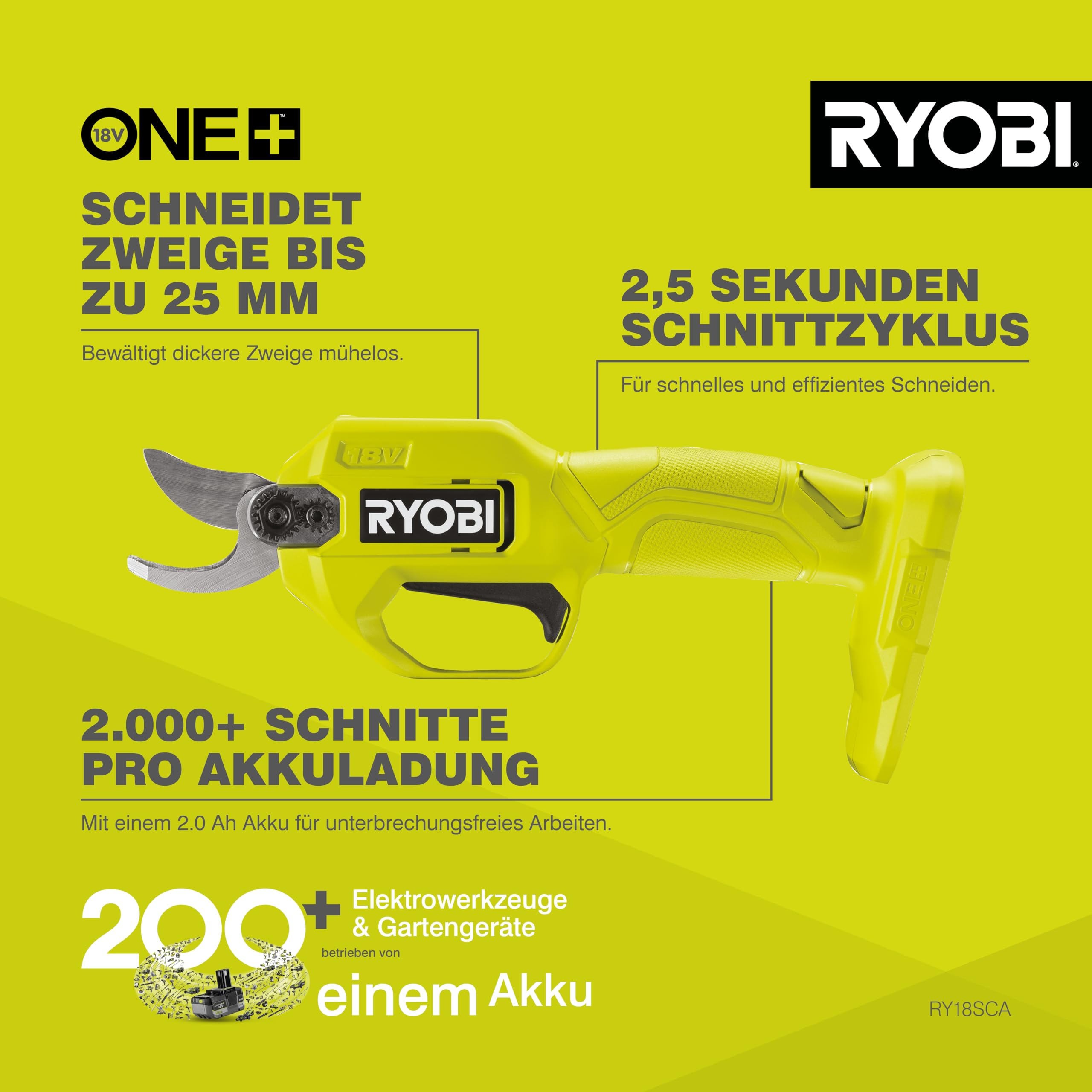 RYOBI 18 V ONE+ Akku-Gartenschere RY18SCA-0 (25 mm Schnittkapazität, 2,5 Sekunden für einen Schnittvorgang, SK5-Stahlklingen, ohne Akku und Ladegerät)