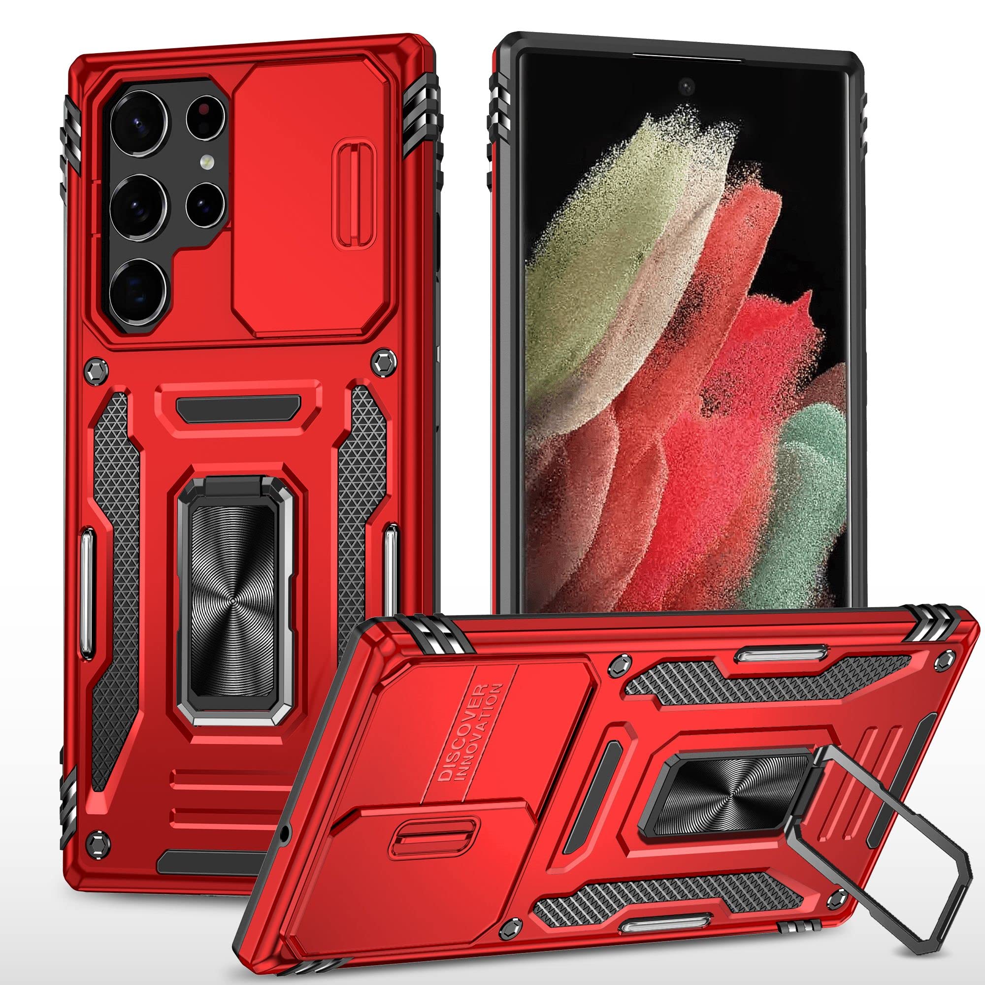 Cubix® Case Compatible with Samsung Galaxy S22 Ultra (Delta Corvi Series Back Cover) Case with Stand & Slider Camera Military Grade Drop Protection (Red)