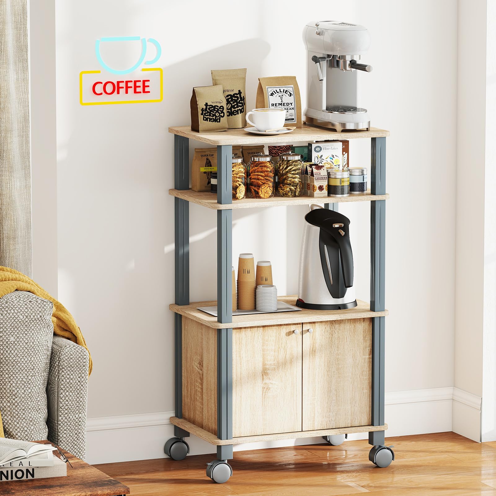 COSTWAY Scaffale da Cucina per Microonde Carrello da Cucina, con Ruote e 2 Ante, Multifunzionale e Movimento Flessibile, 60x40x98 cm (Naturale)