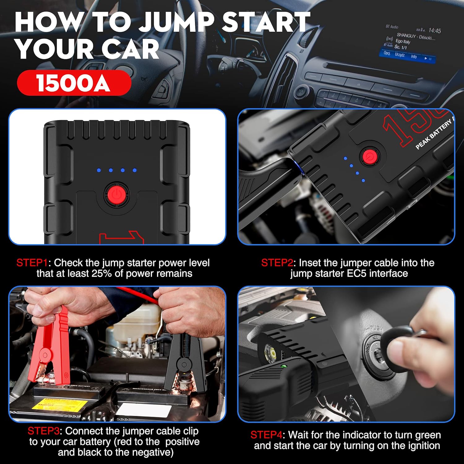 NEXPOW Car Battery Starter, 1500A Peak 21800mAh 12V Portable Car Jump Starter, Auto Battery Booster, Lithium Jump Box with LED Light/Quick Charge 3.0 : Automotive
