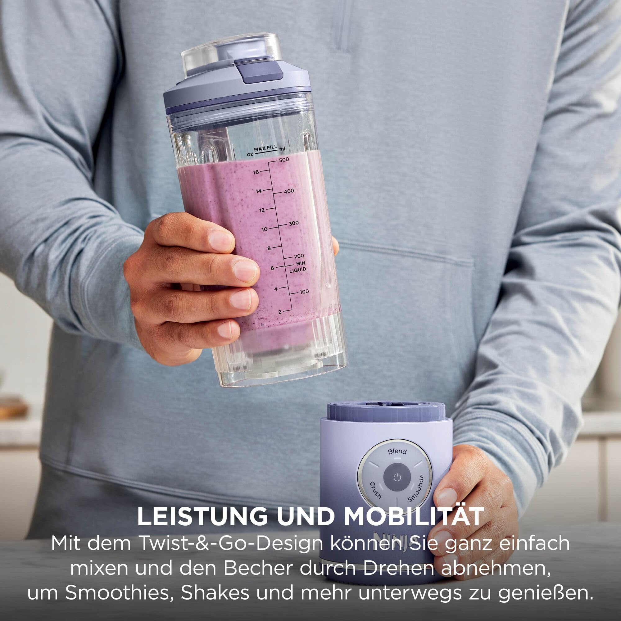 Ninja Blast Max Tragbarer Mixer/Blender/Smoothie Maker, 2 x 570 ml, wiederaufladbar, Mixbecher & auslaufsicherer Deckel, 3 Funktionen, Smoothies, Proteinshakes, Lavendel/Silber BC251EULS