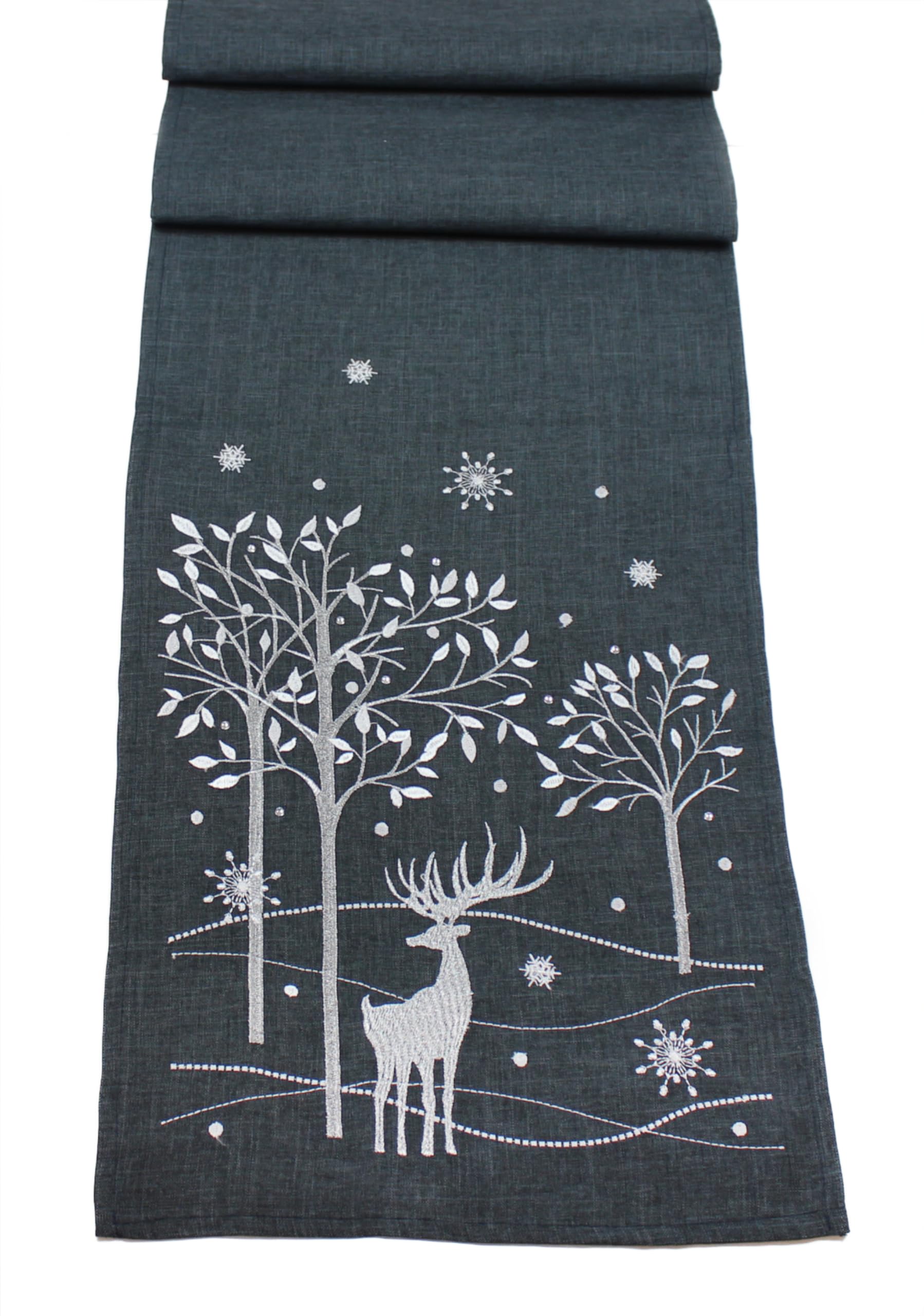 Peggy Wilkins Pewter/Silver Shimmer Stag Embroidered Christmas Table Runner - 14" X 90"