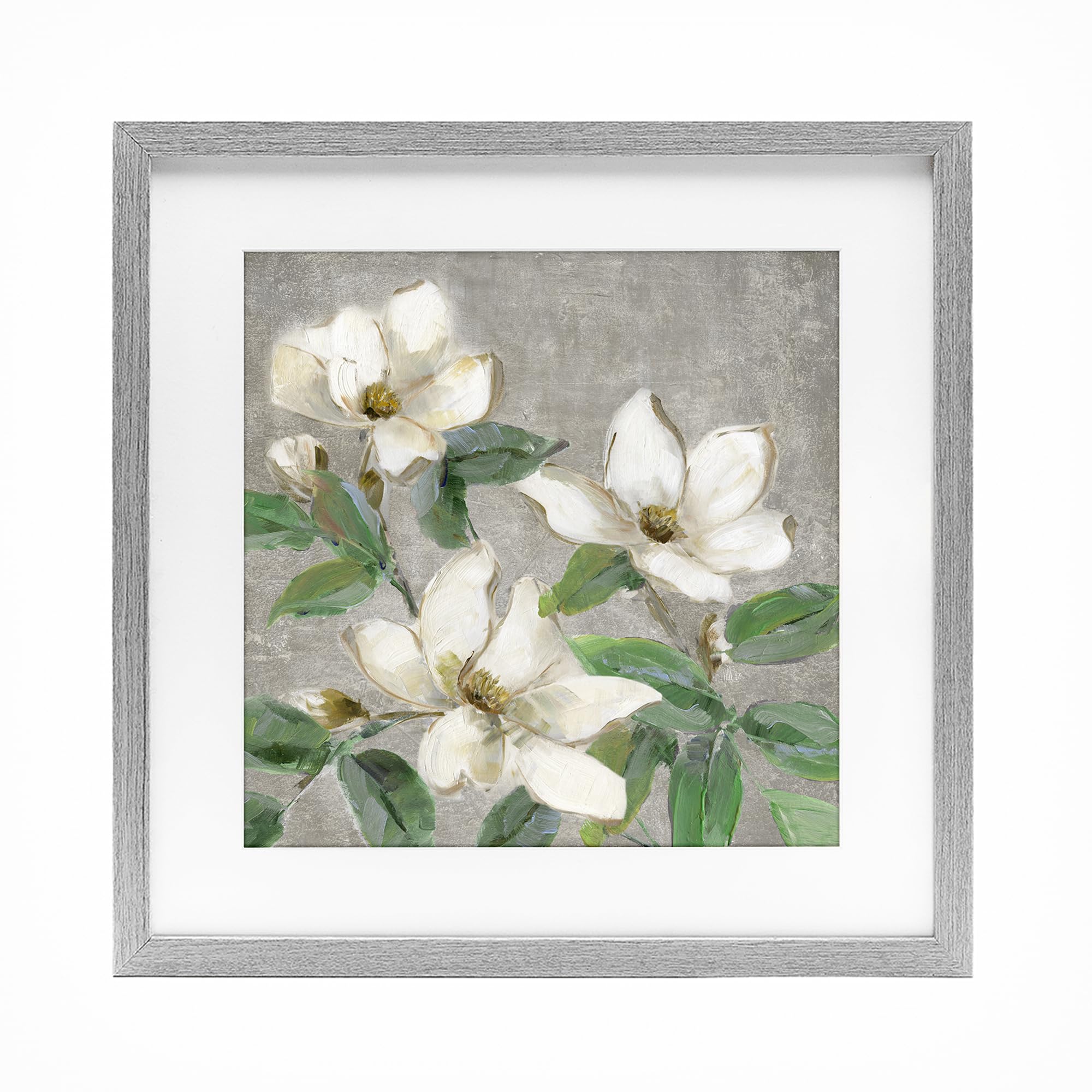 Stupell Industries Farmhouse Gray (Textured) 'Ivory Magnolias On Grey'| Framed Print Under Glass