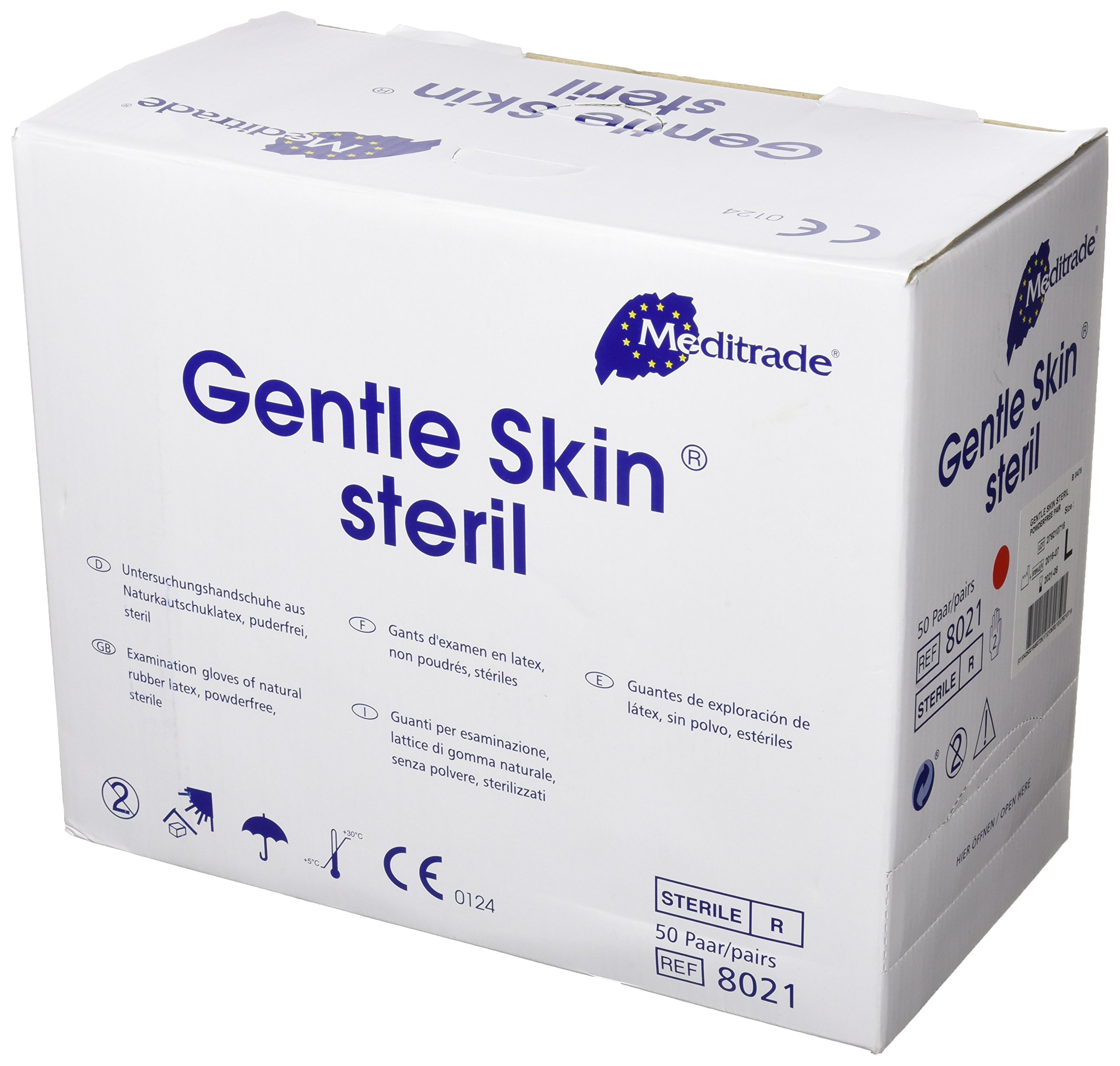 Meditrade 8021RLW Guantes de examen de látex estéril para piel, sin polvo, tamaño grande (100 unidades)